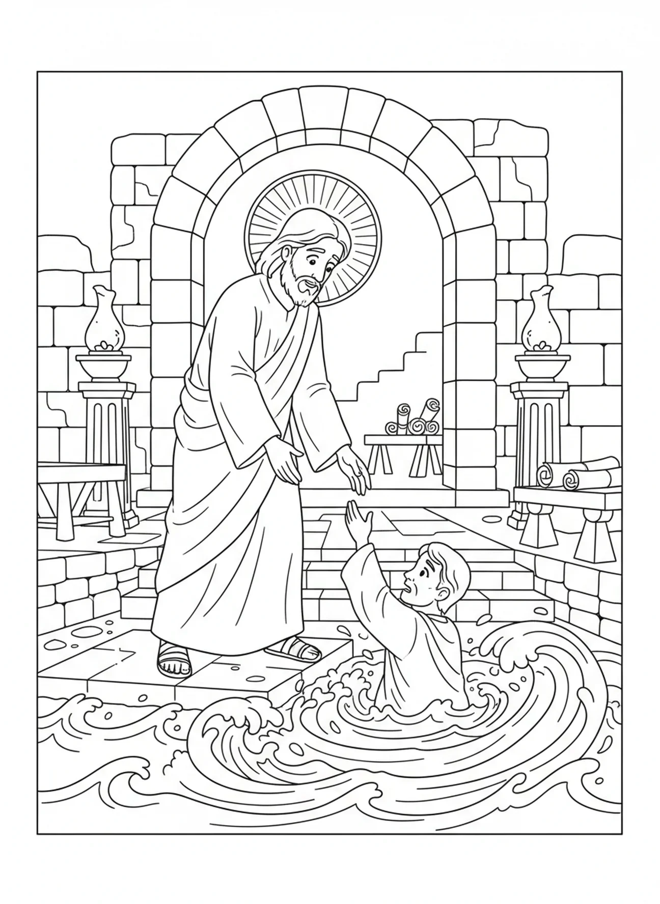Jésus sauvant Pierre, page à colorier de Pierre marchant sur l'eau pour les enfants de l'École du dimanche âgés de 5 à 12 ans