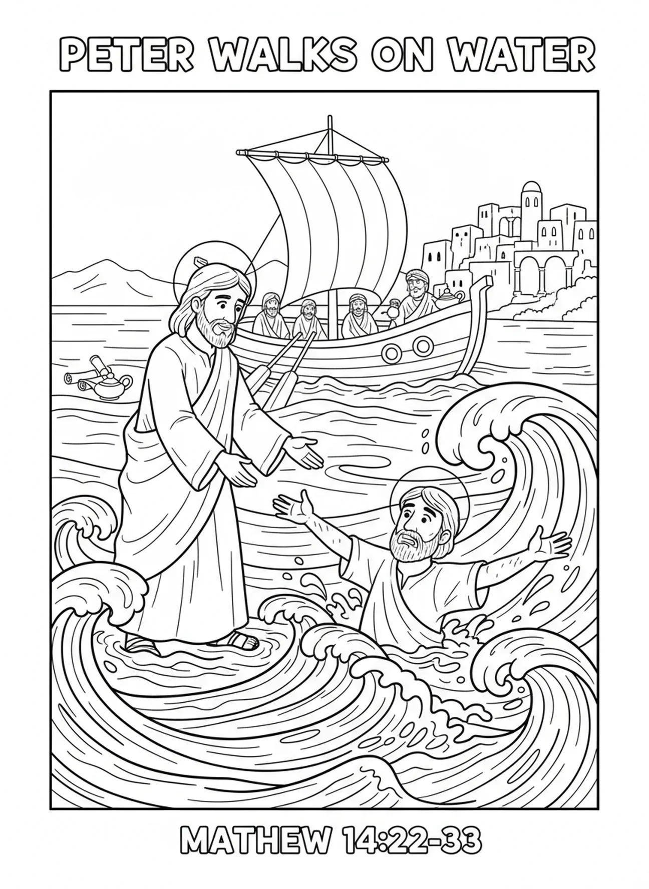 Pierre s'enfonce dans l'eau, page à colorier Pierre marchant sur l'eau pour les enfants de l'École du dimanche âgés de 5 à 12 ans