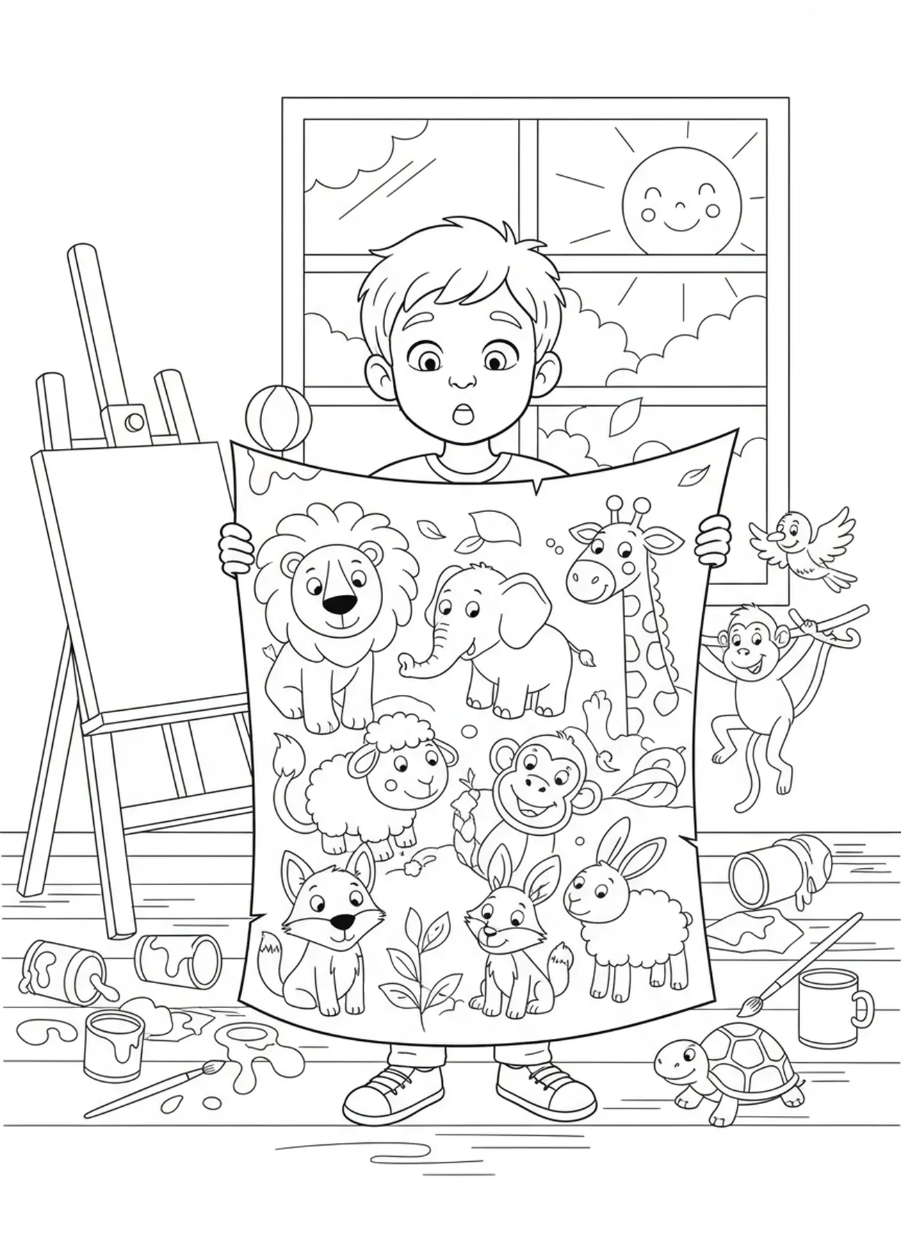 Pedro levantando una sábana de animales, página para colorear de la visión de Pedro para niños de 5 a 10 años