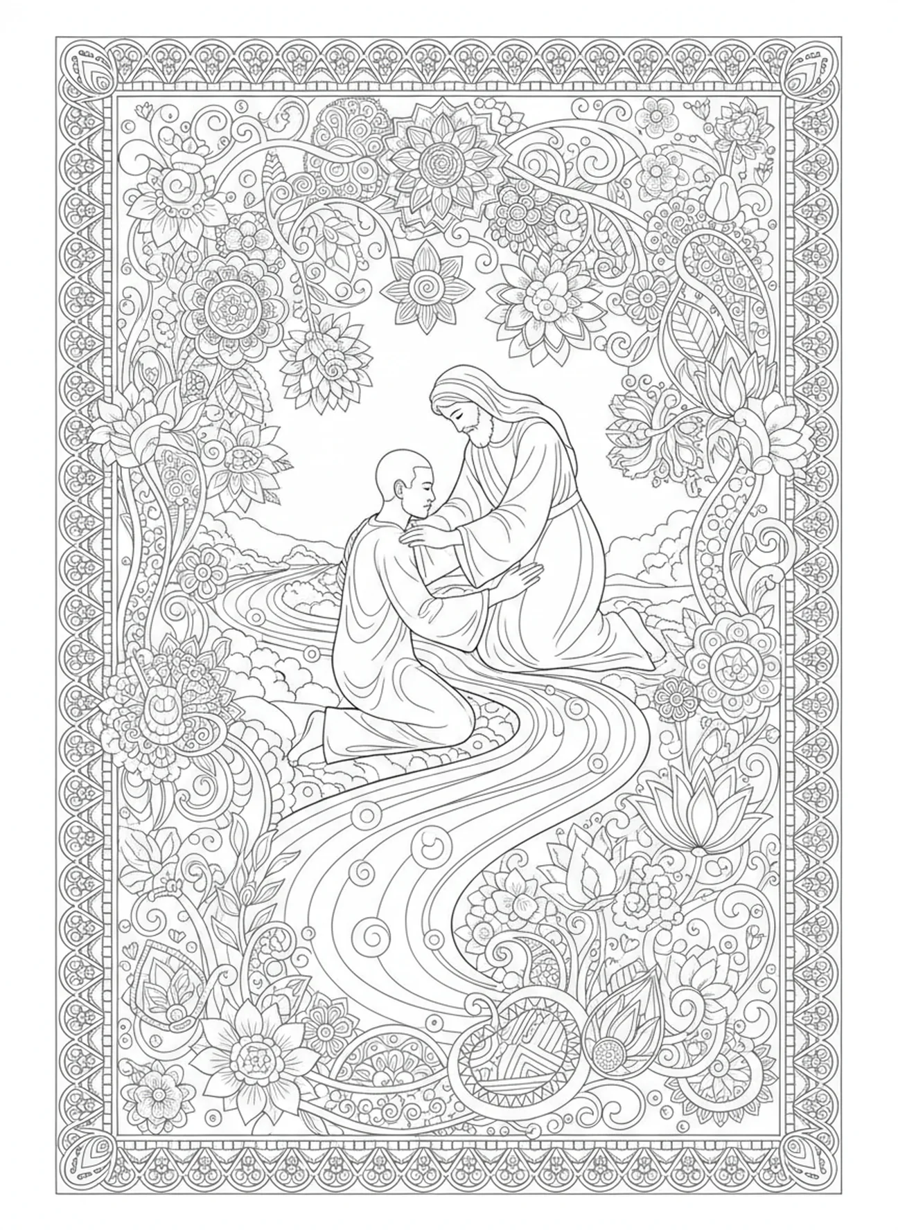 Philippe baptisant un homme éthiopien, page à colorier Philippe Apôtre pour adultes dans un style de journal biblique