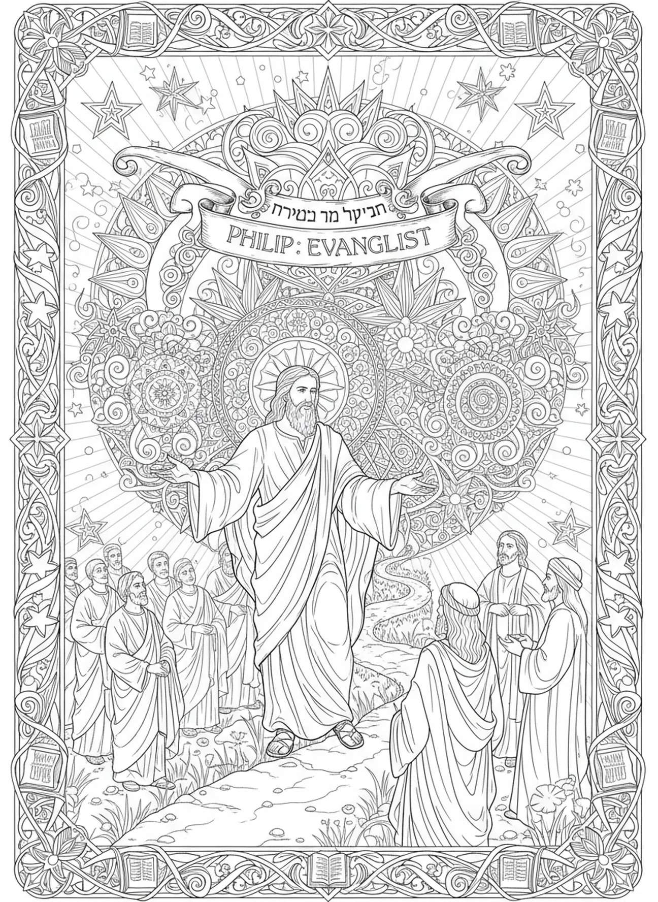 Philippe évangélisant sur une route poussiéreuse, page à colorier de l'apôtre Philippe dans un style de journal biblique pour adultes