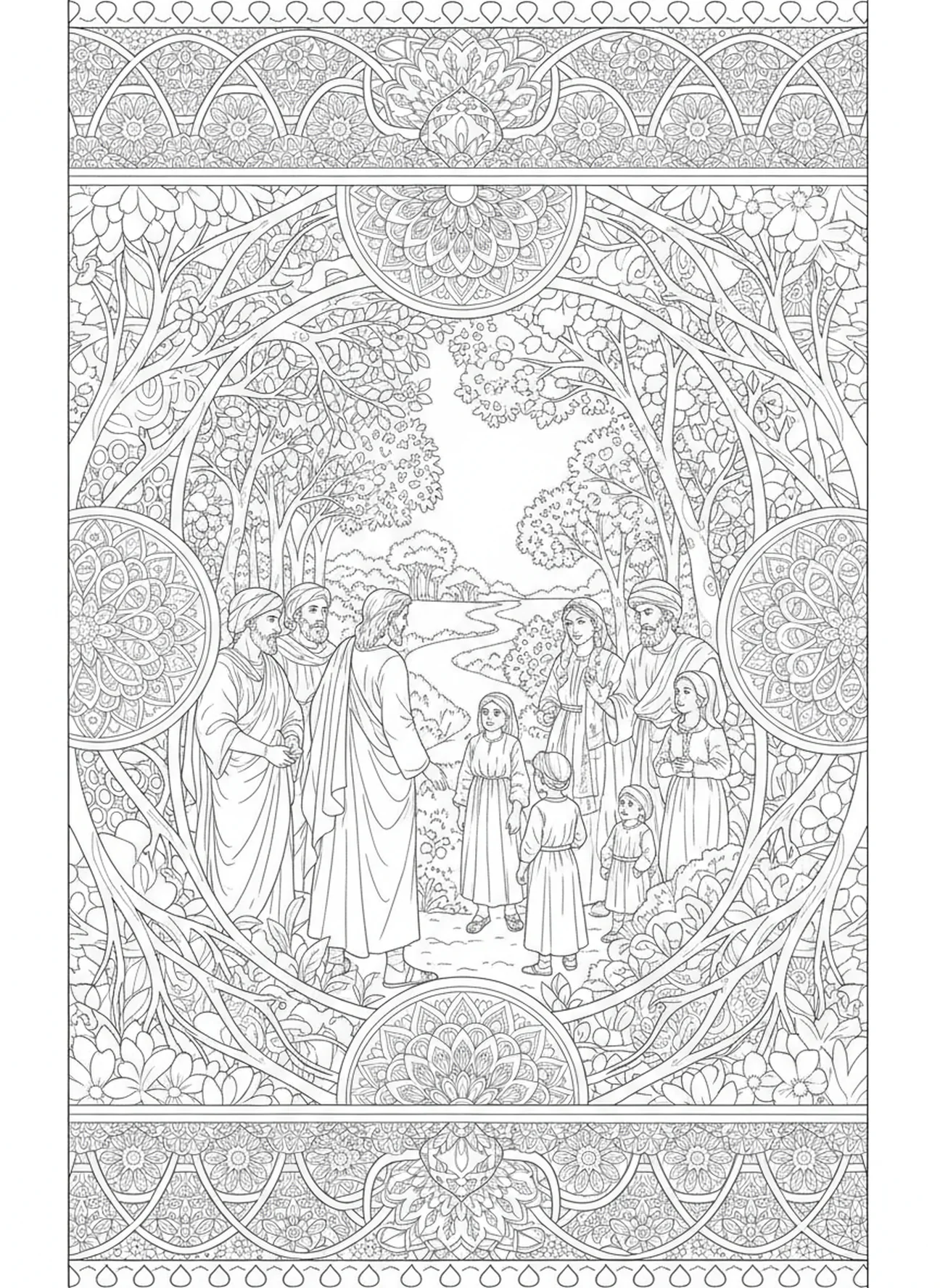 Philippe voyageant à travers un paysage verdoyant, page à colorier de l'apôtre Philippe pour le style de journal biblique