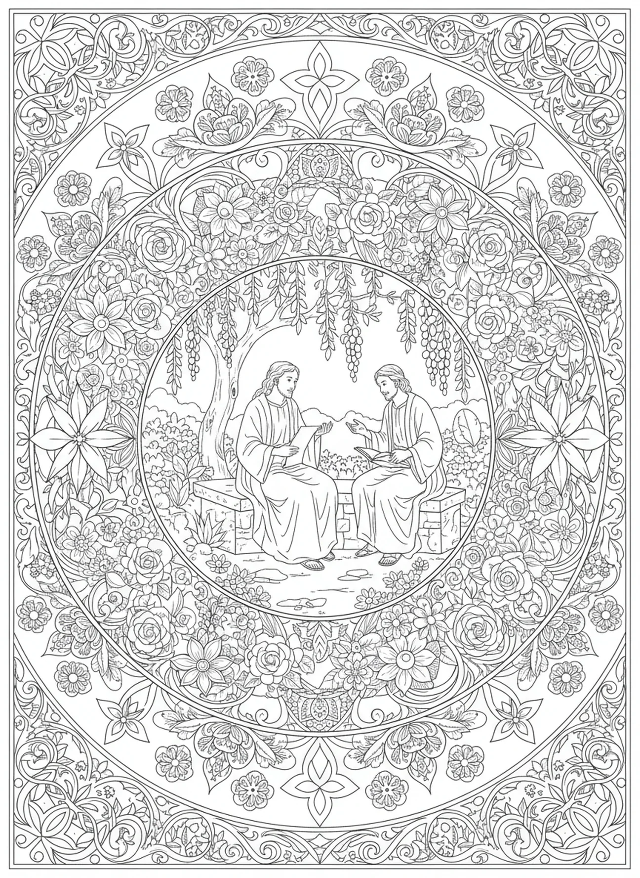 Philippe recevant le message de l'Évangile dans un jardin paisible, page à colorier de l'apôtre Philippe pour le journaling biblique