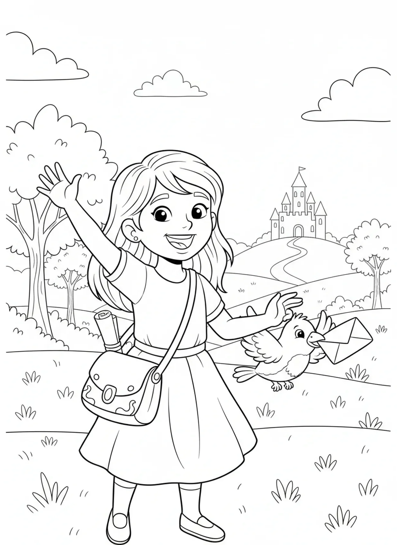 Phoebe die een boodschap verstuurt, kleurplaat van Phoebe voor kinderen van 5-10 jaar.