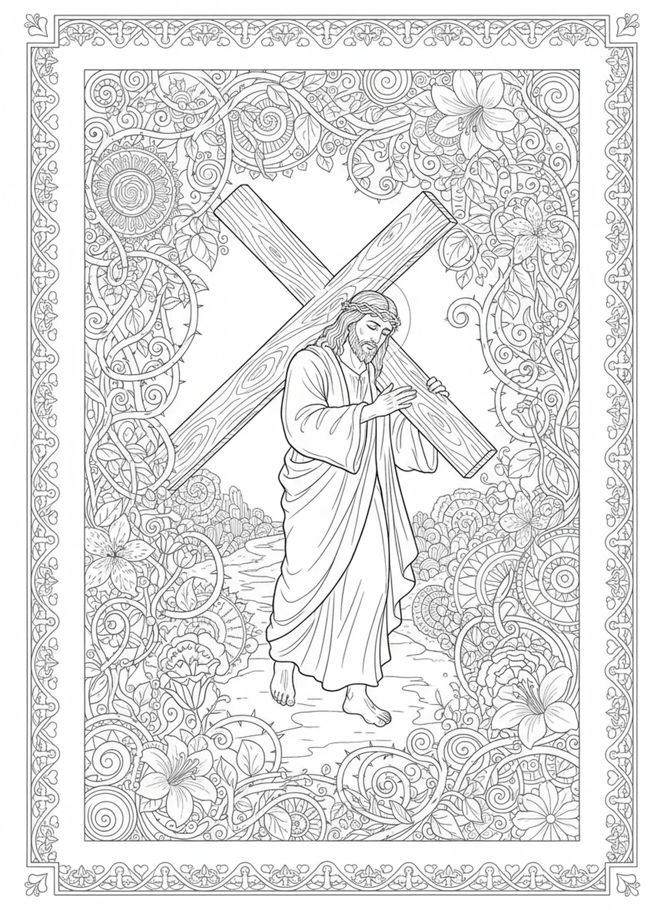Jezus niosący krzyż, kolorowanka dla dorosłych w stylu dziennika biblijnego