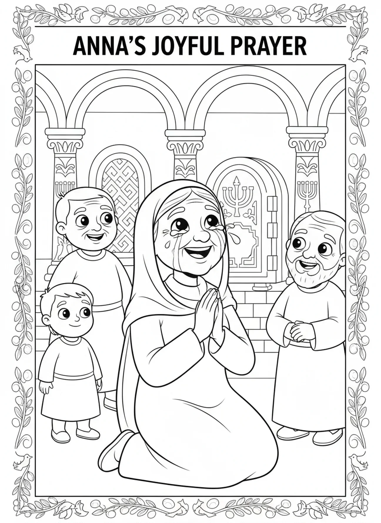 Anna die bidt in de Tempel, kleurplaat van de Presentatie in de Tempel voor kinderen van 5-10 jaar.