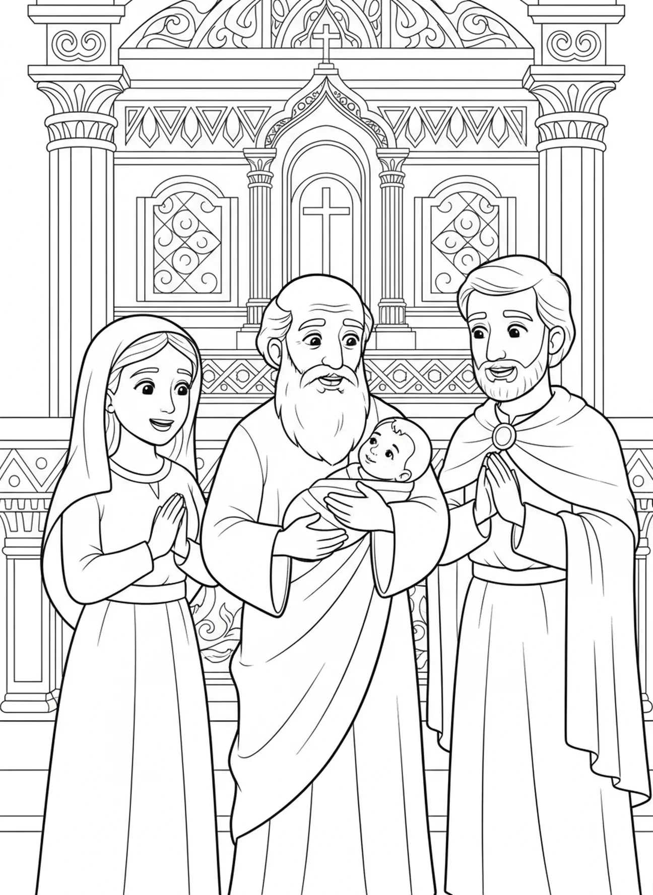 Simeon zegent de baby Jezus, kleurplaat voor de presentatie in de tempel voor kinderen van 5-10 jaar.