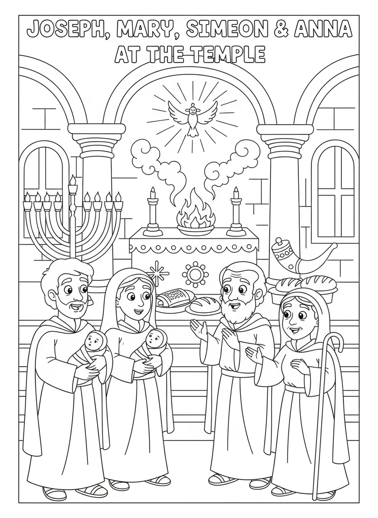 Jozef en Maria luisteren naar Simeon en Anna, kleurplaat van de Presentatie in de Tempel voor kinderen van 5-10 jaar.