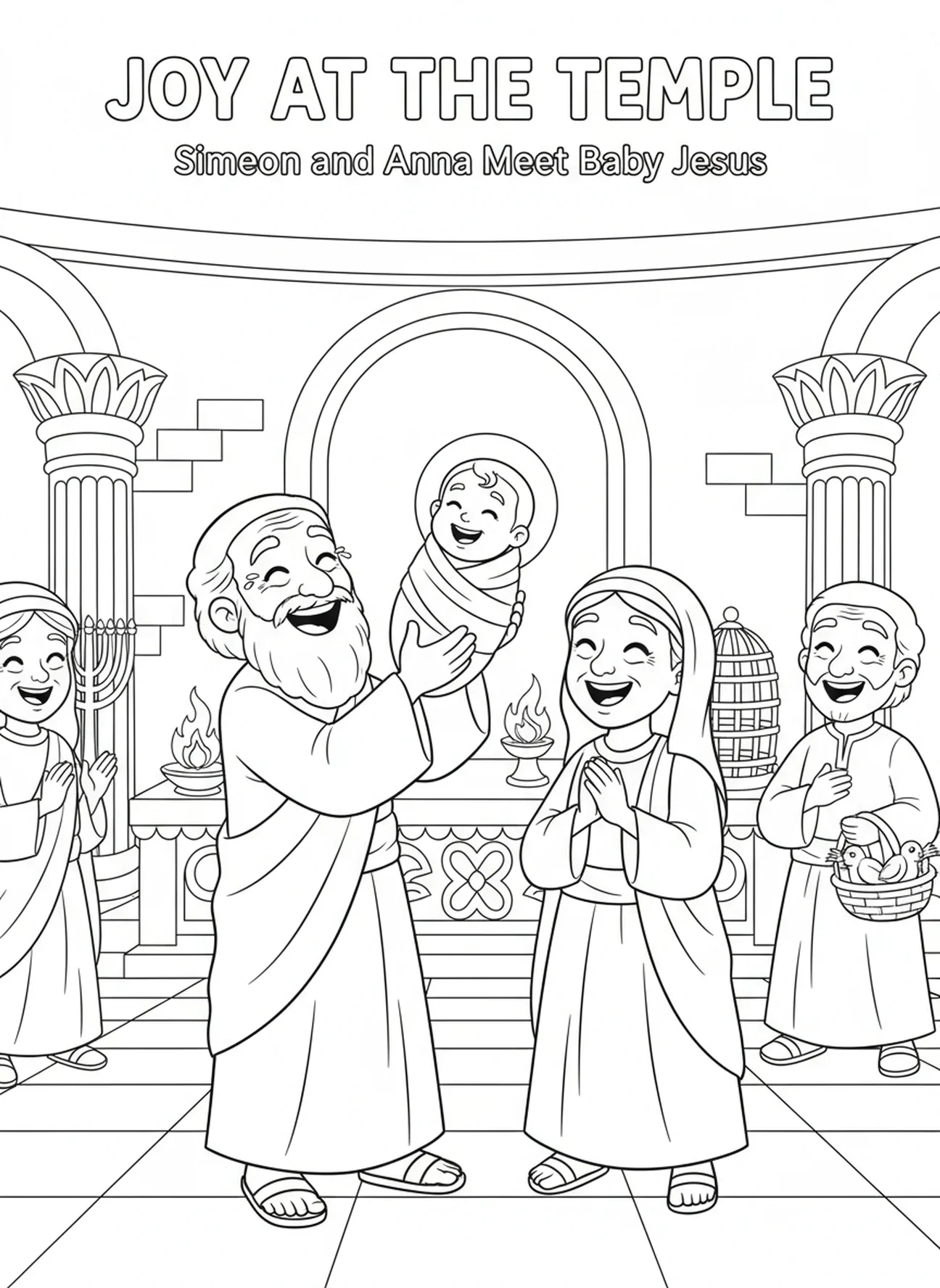 De blije reactie van Simeon en Anna op Jezus, kleurplaat van de Presentatie in de Tempel voor kinderen van 5-10 jaar.