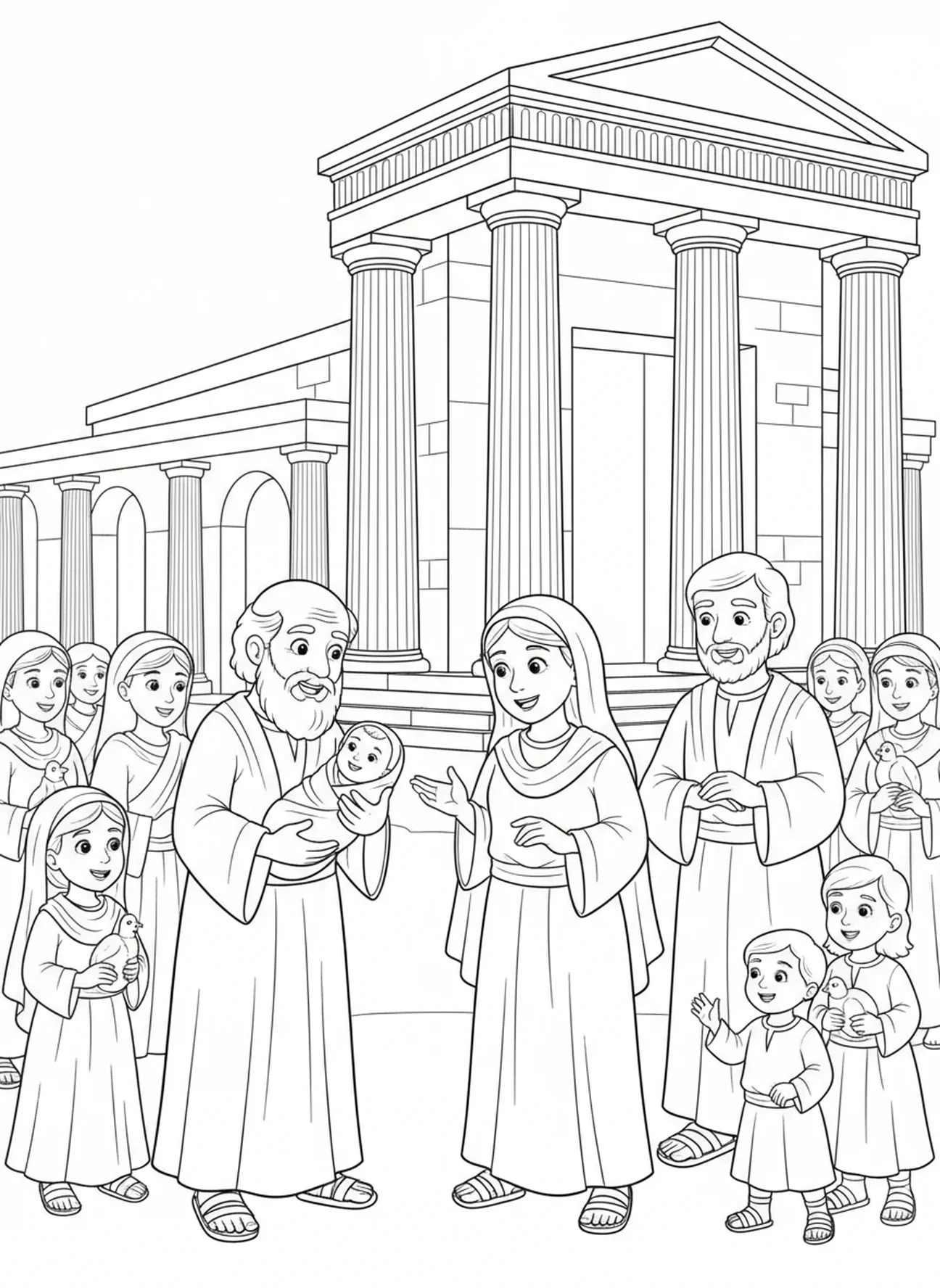 Achtergrond van de Tempel met Simeon en Anna, kleurplaat van de Presentatie in de Tempel voor kinderen van 5-10 jaar.