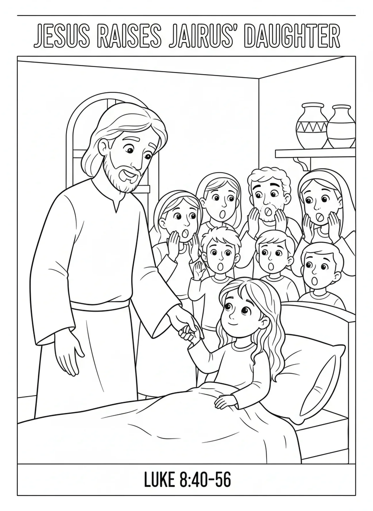Jesus hält die Hand des Mädchens, Ausmalbild von der Auferweckung der Tochter des Jairus für Kinder im Alter von 5-10 Jahren