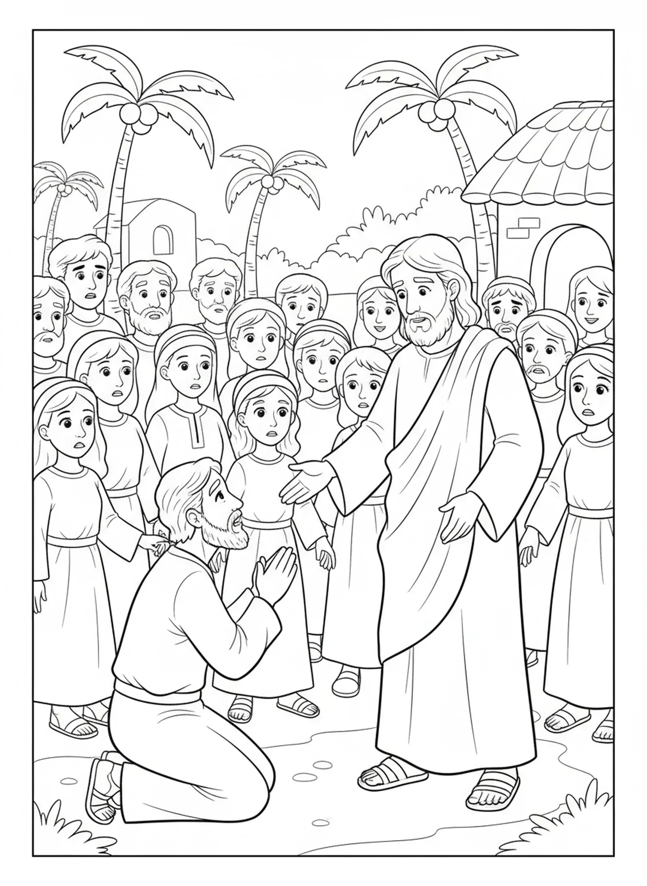Besorgter Jairus kniet, Ausmalbild von Jairus' Tochter für Kinder im Alter von 5-10 Jahren