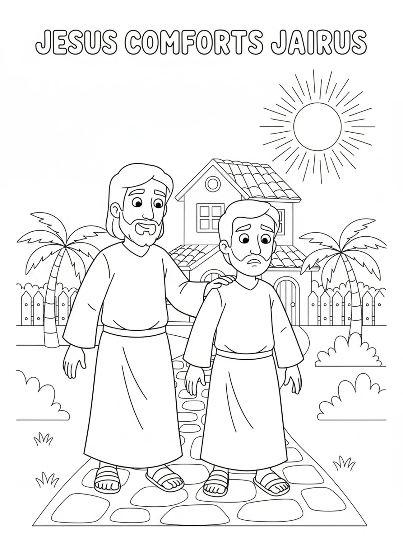 Jesus tröstet Jairus, Ausmalbild von der Auferweckung der Tochter des Jairus für Kinder im Alter von 5-10 Jahren