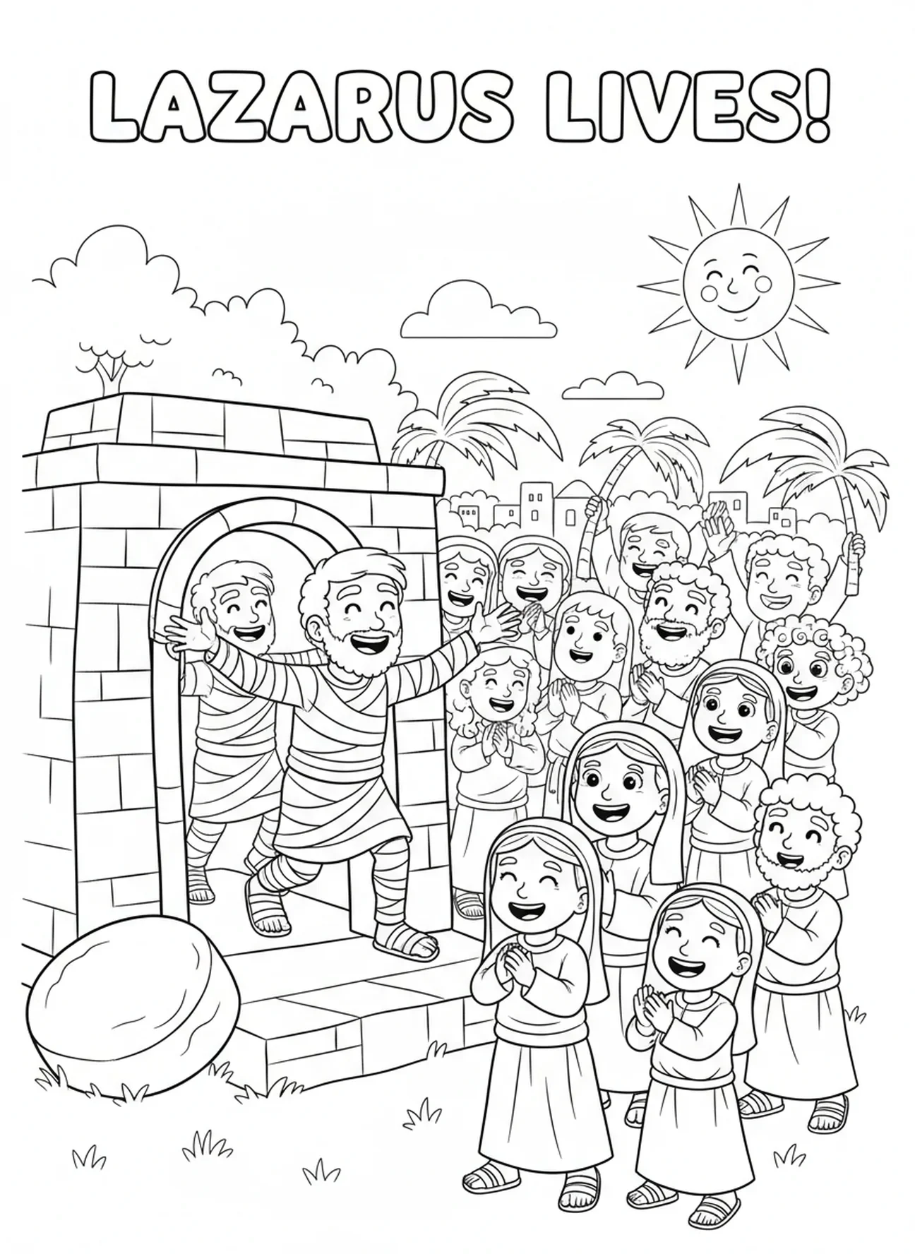 Foule joyeuse célébrant, Jésus pleurant au tombeau de Lazare page à colorier pour enfants de 5 à 10 ans