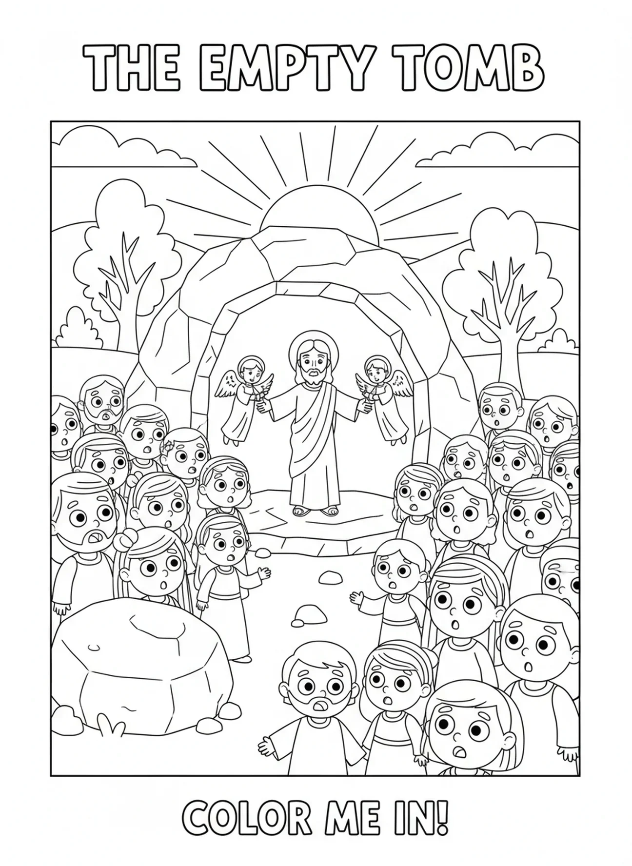 Foule curieuse autour du tombeau, Jésus ressuscitant Lazare, page à colorier pour enfants de 5 à 10 ans
