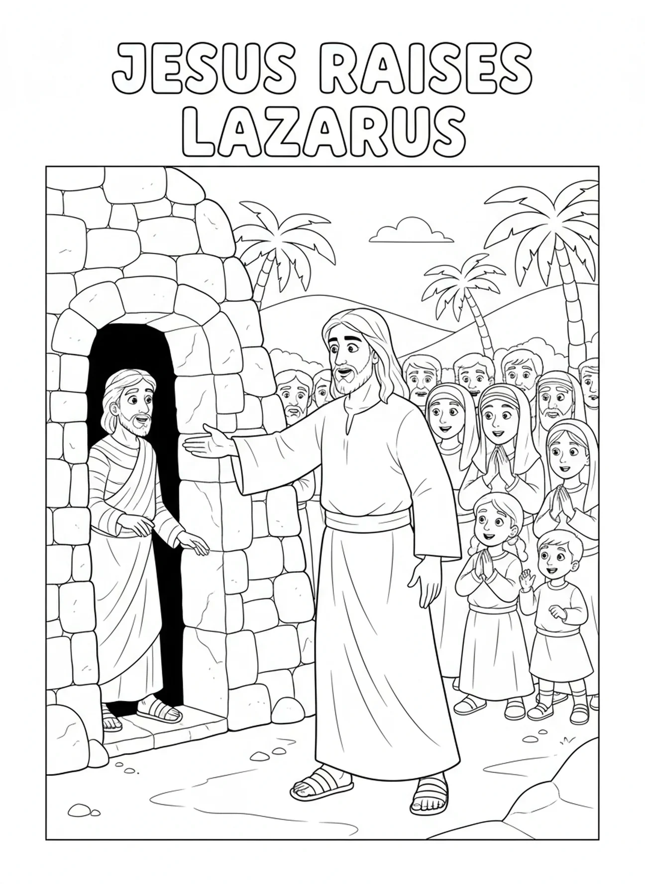 Jésus appelant Lazare du tombeau, Jésus pleurant devant le tombeau, page à colorier pour enfants de 5 à 10 ans
