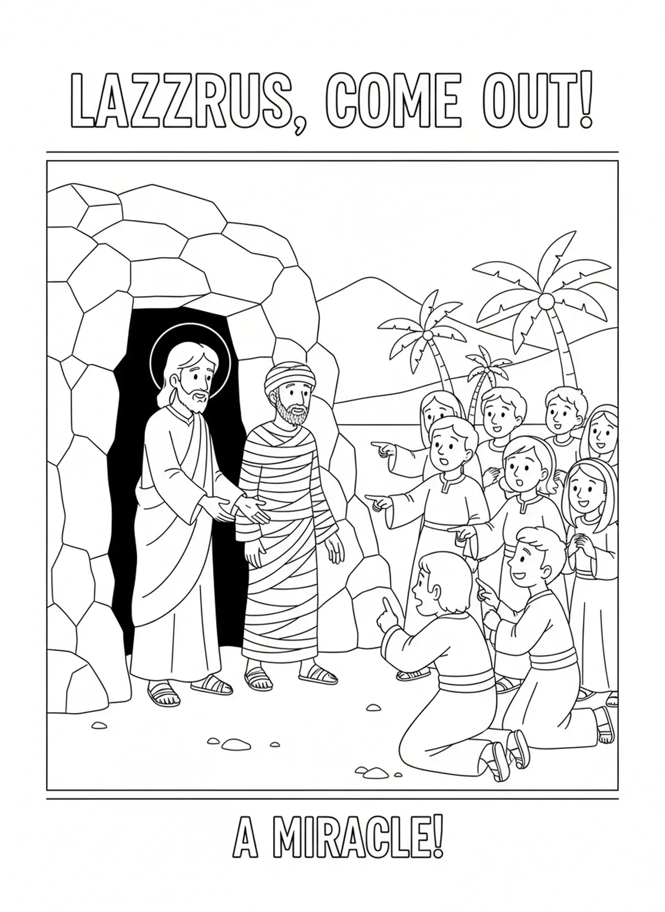 Lazare sortant du tombeau, Jésus ressuscitant Lazare, page à colorier pour enfants de 5 à 10 ans