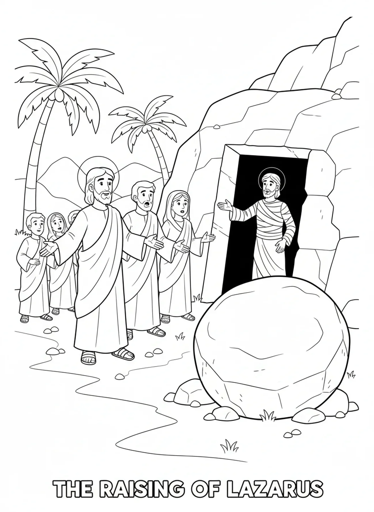Entrée du tombeau avec pierre roulée, Jésus pleurant au tombeau de Lazare page à colorier pour enfants de 5 à 10 ans