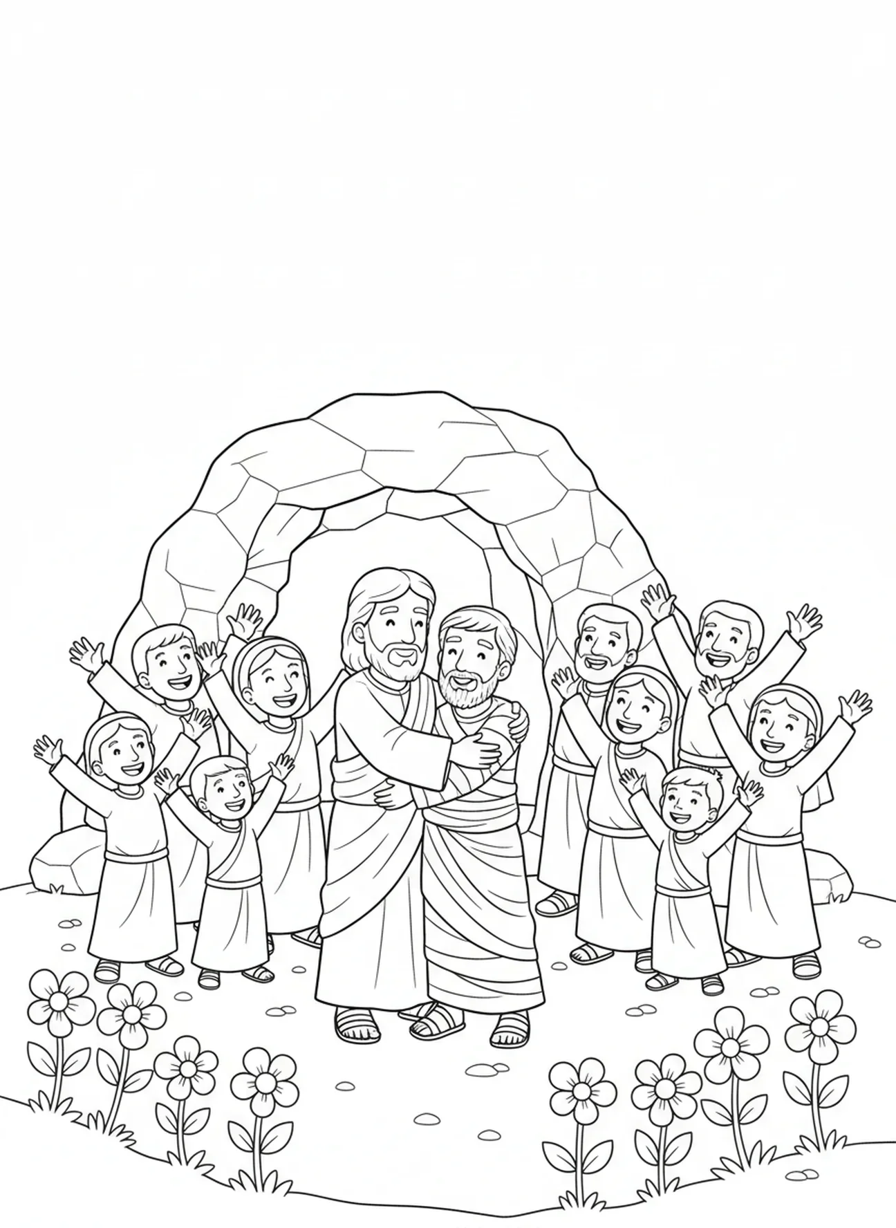 Jesus e Lázaro celebrando, Lázaro Saindo do Túmulo página para colorir para crianças de 5 a 10 anos