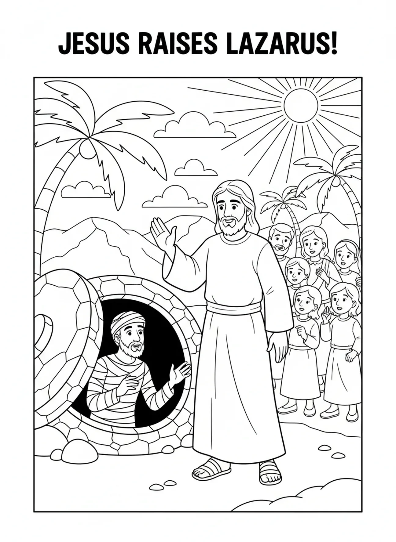 Jesus chamando Lázaro do túmulo, página de colorir Lázaro Saindo Do Túmulo para crianças de 5 a 10 anos