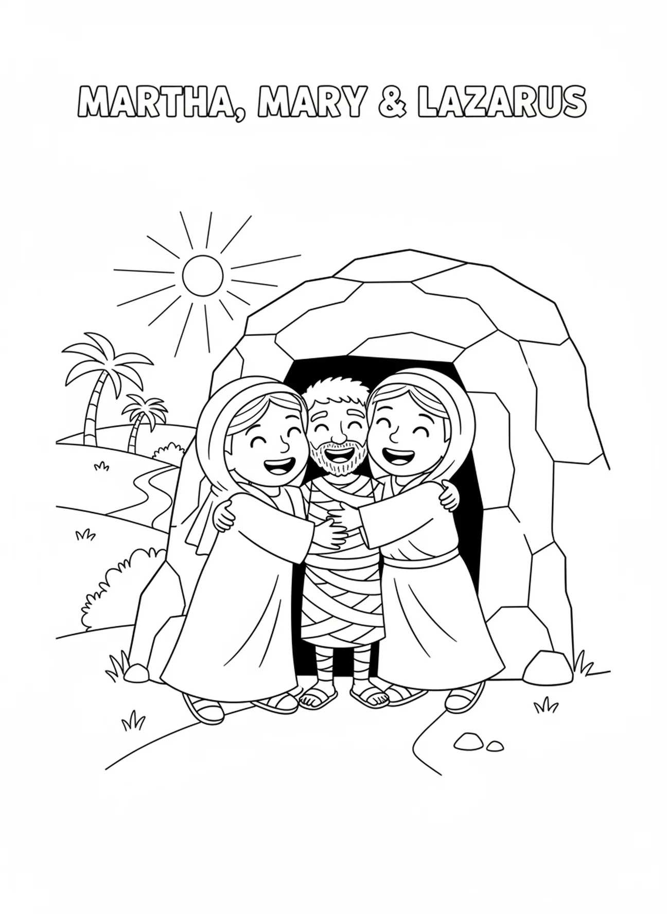 Familienzusammenkunft, Die Auferweckung des Lazarus durch Martha und Maria, Ausmalbild für Kinder im Alter von 5-10 Jahren.