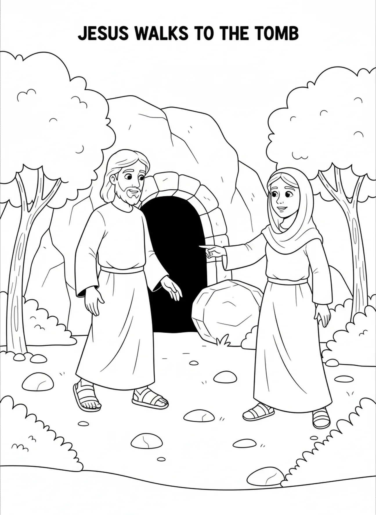 Jesus kommt näher, Lazarus erwecken, Martha und Maria weinen Malvorlage für Kinder im Alter von 5-10 Jahren.