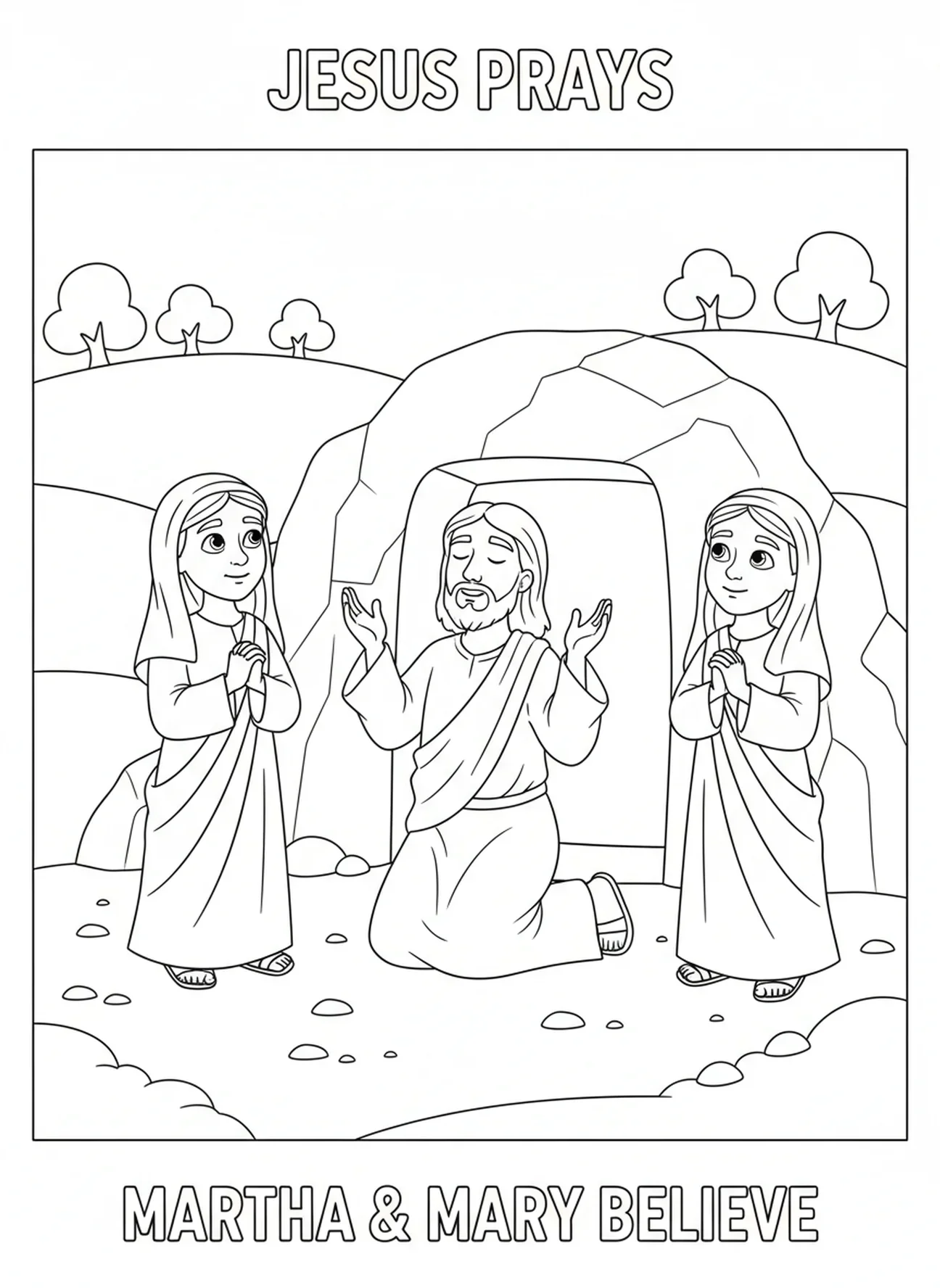Jesus betet, Lazarus auferweckt, Martha und Maria weinend Ausmalbild für Kinder im Alter von 5-10 Jahren.