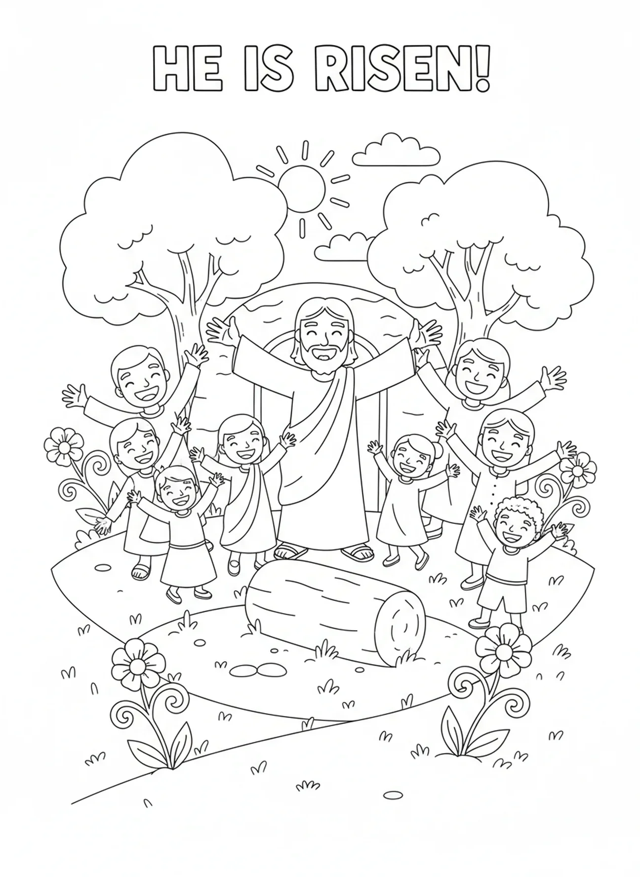 Fröhliche Feier, Auferweckung des Lazarus durch Martha und Maria, Ausmalbild für Kinder im Alter von 5-10 Jahren.