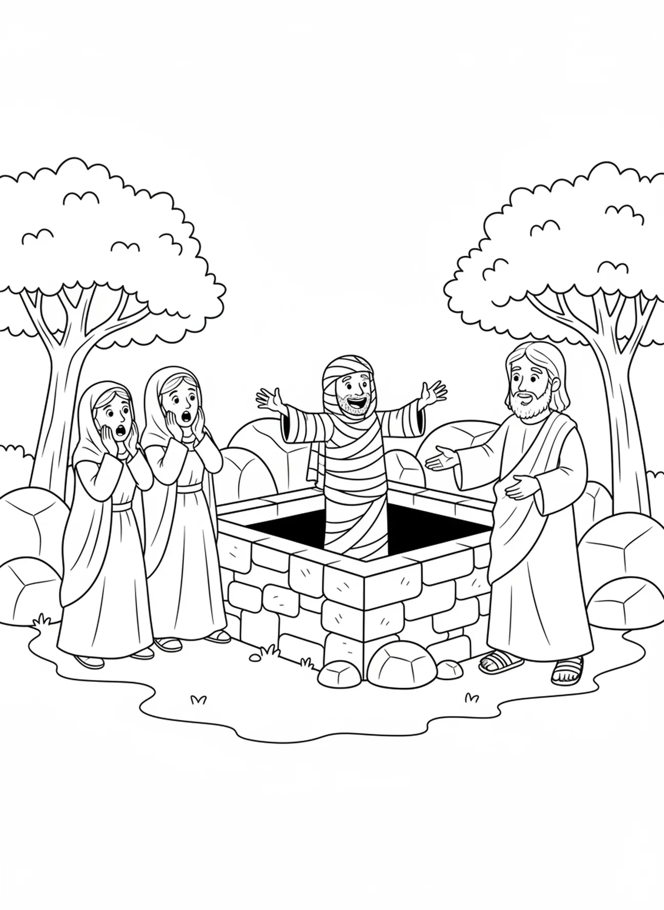 Lazarus aufersteht, Auferweckung des Lazarus, Martha und Maria weinen, Malvorlage für Kinder im Alter von 5-10 Jahren.