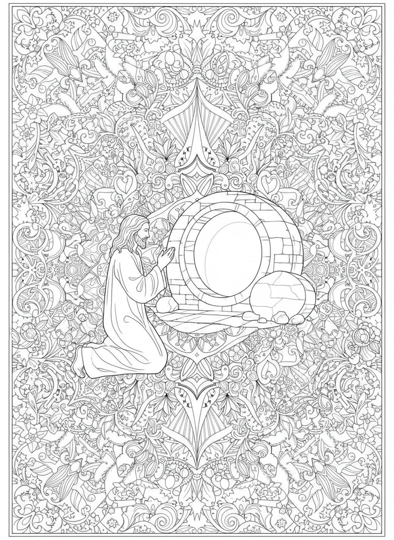 Jesus em oração diante do túmulo de Lázaro, página de colorir sobre a ressurreição de Lázaro no estilo de journaling bíblico para adultos.
