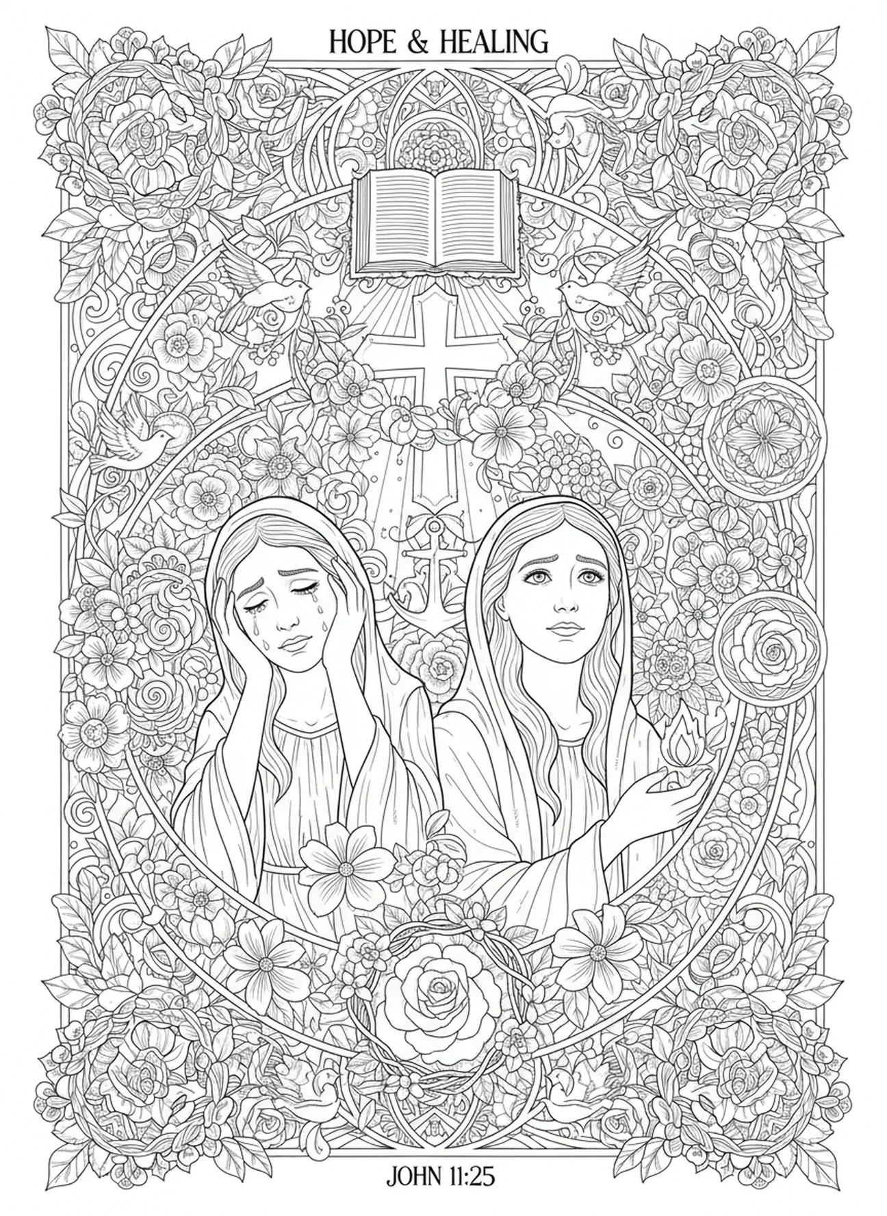 Maria e Marta em luto e esperança, página para colorir sobre a ressurreição de Lázaro no estilo de journaling bíblico para adultos.