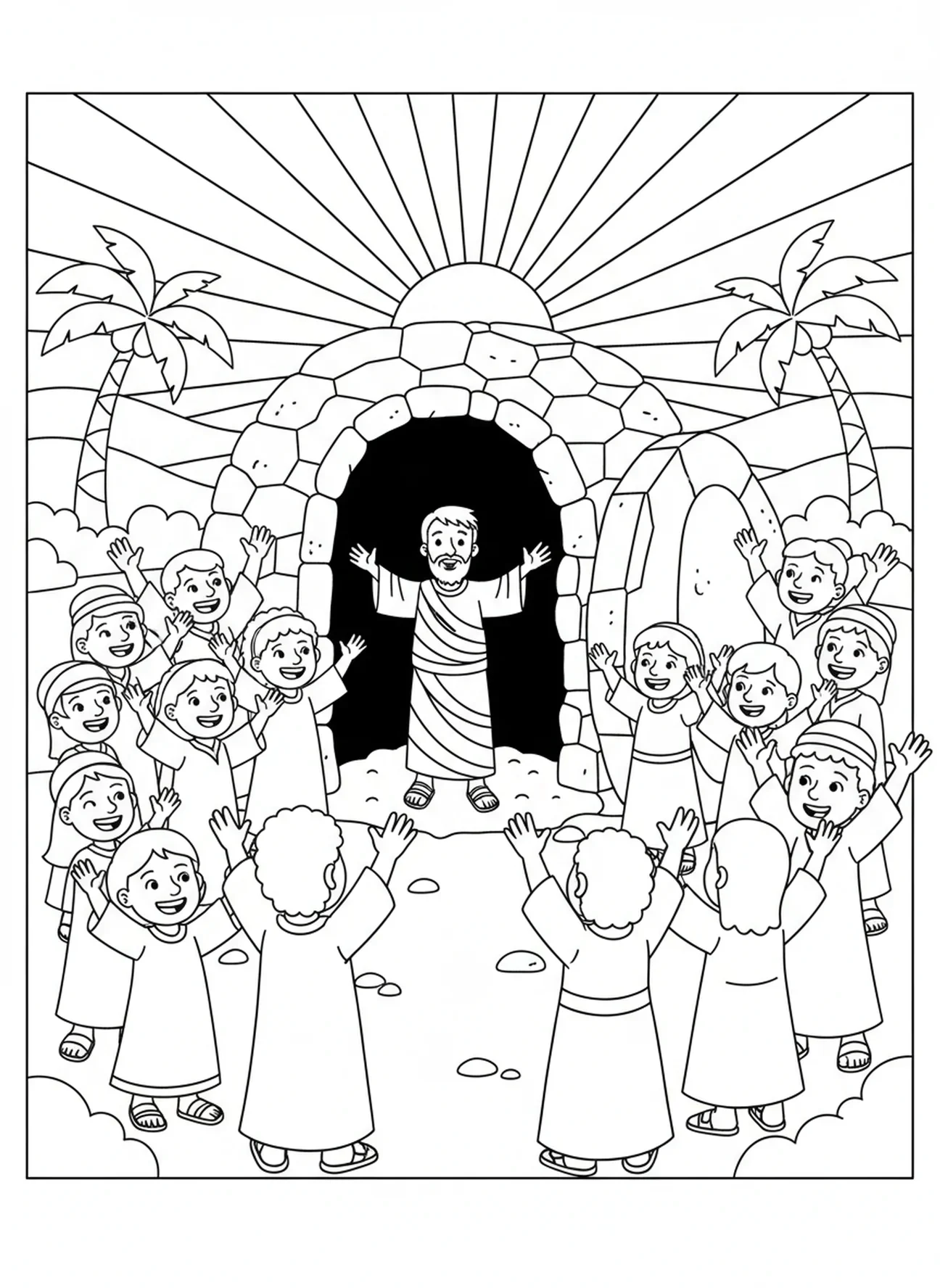 Foule célébrant le retour de Lazare, page à colorier Lazare pour les enfants de 5 à 10 ans