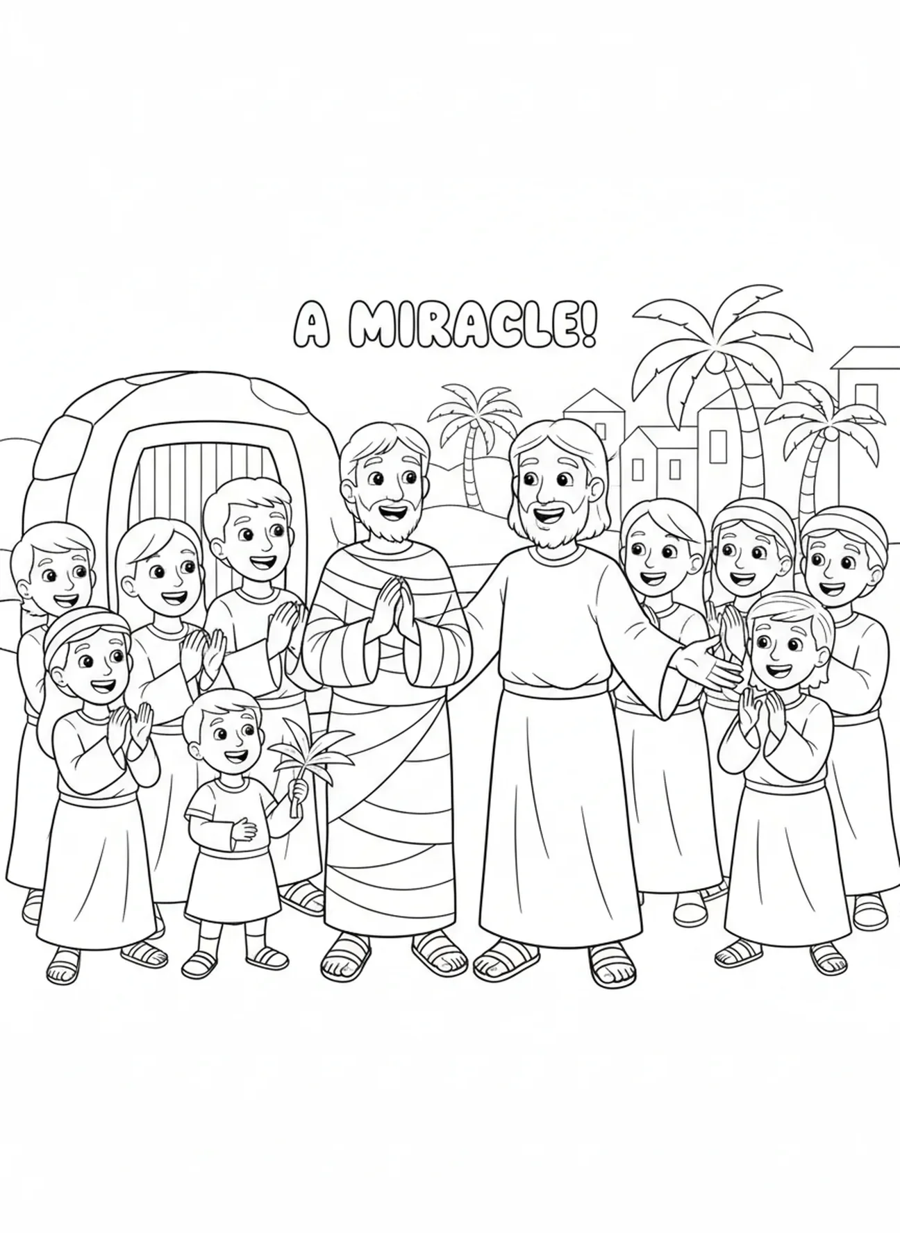 Jésus et Lazare souriant ensemble, page à colorier de la résurrection de Lazare pour les enfants de 5 à 10 ans