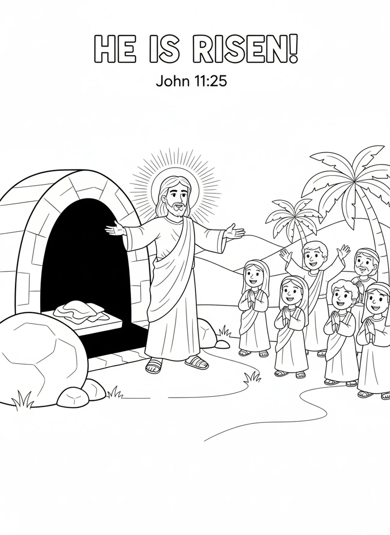 Jésus devant le tombeau, page à colorier de la résurrection de Lazare pour les enfants de 5 à 10 ans