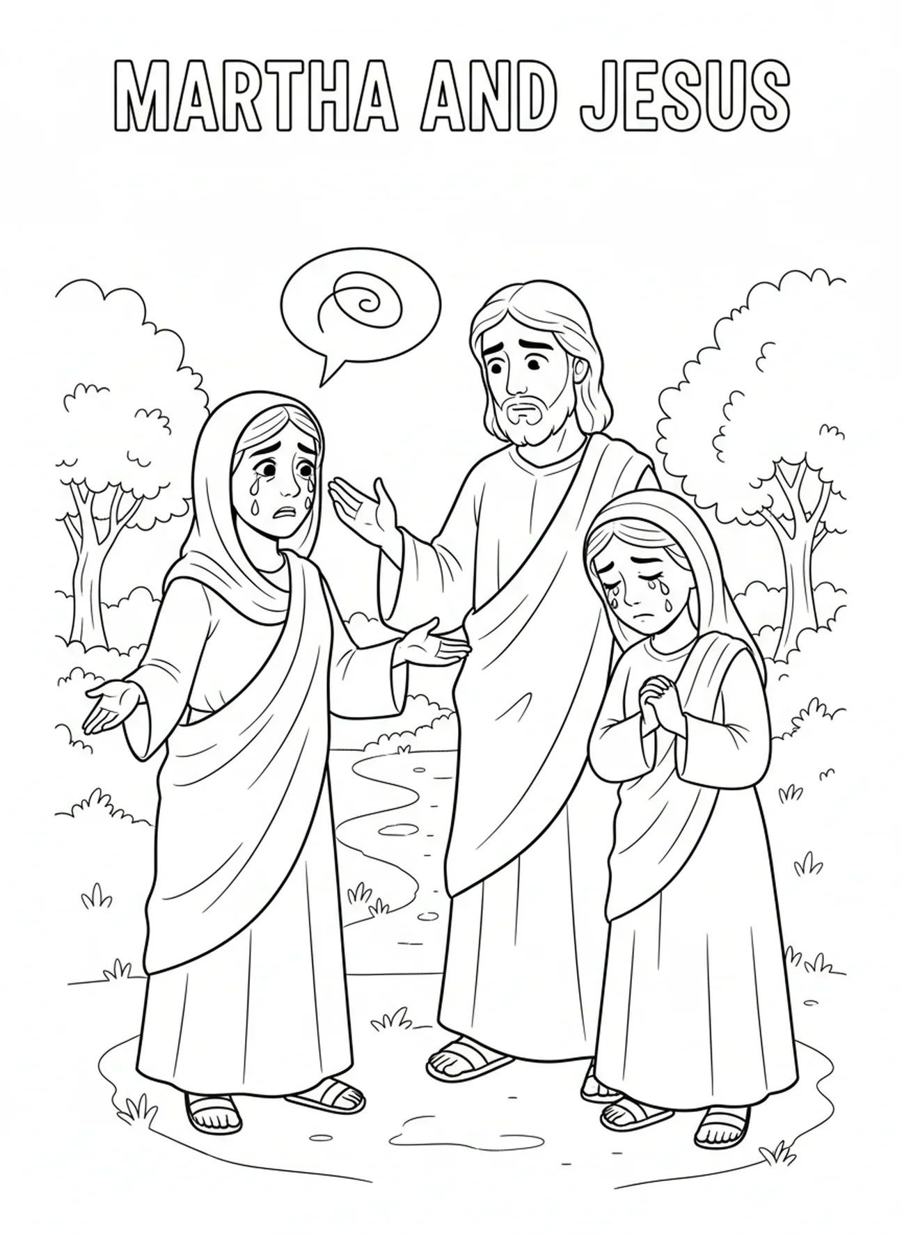 Martha parlant à Jésus, page à colorier sur la résurrection de Lazare pour les enfants de 5 à 10 ans