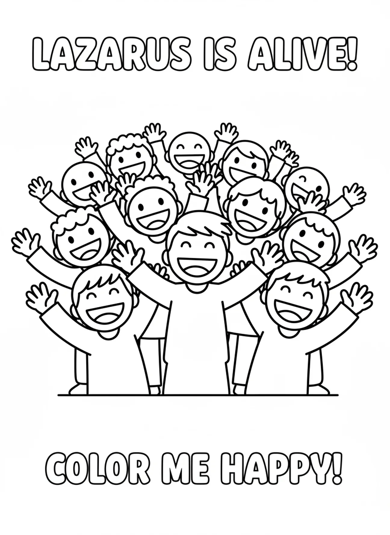 Feliz multitud celebrando el regreso de Lázaro, página para colorear de Lázaro resucitado para niños de 3 a 5 años