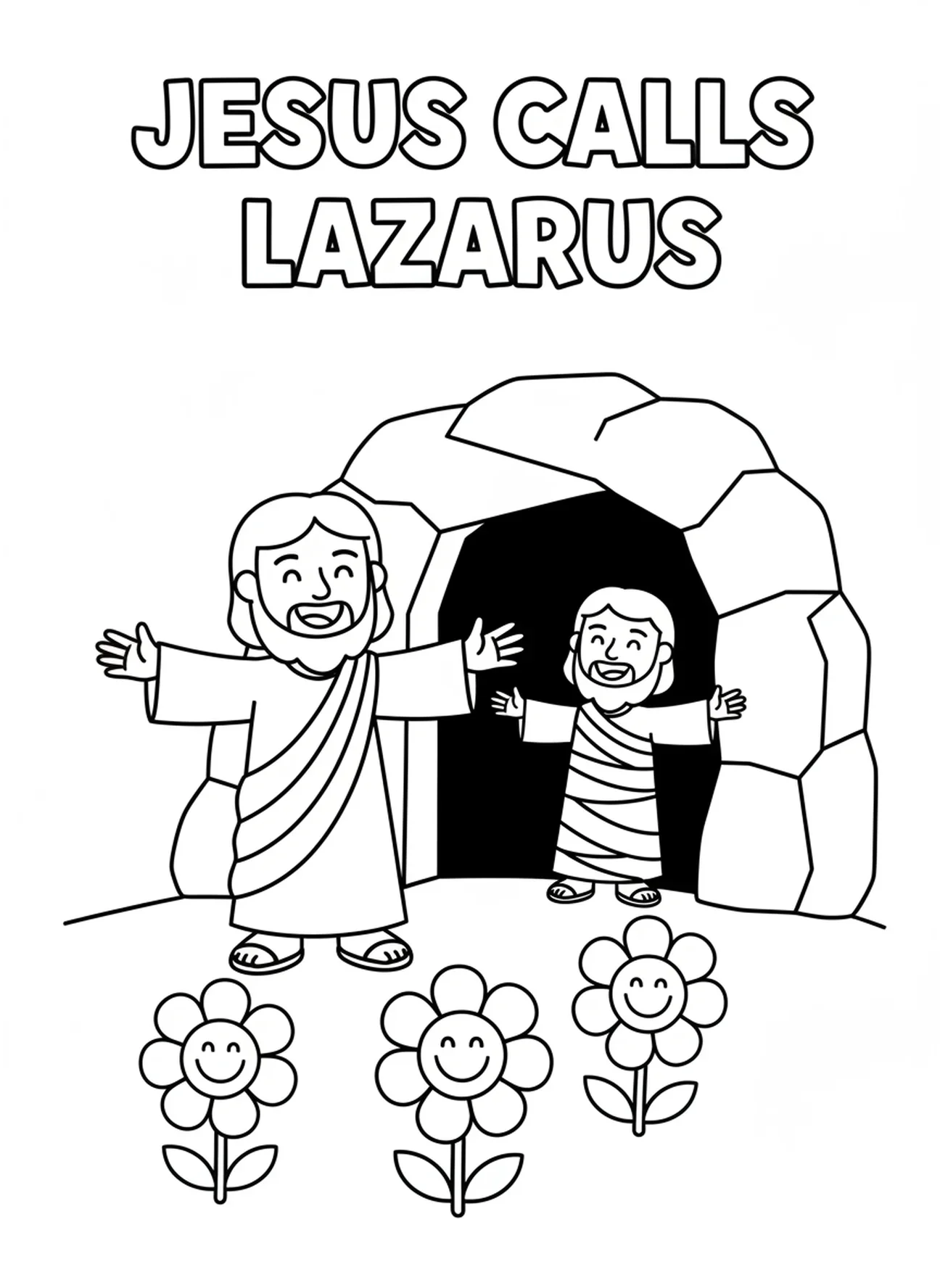 Jesús llamando a Lázaro de la tumba, página para colorear de la resurrección de Lázaro para niños de 3 a 5 años