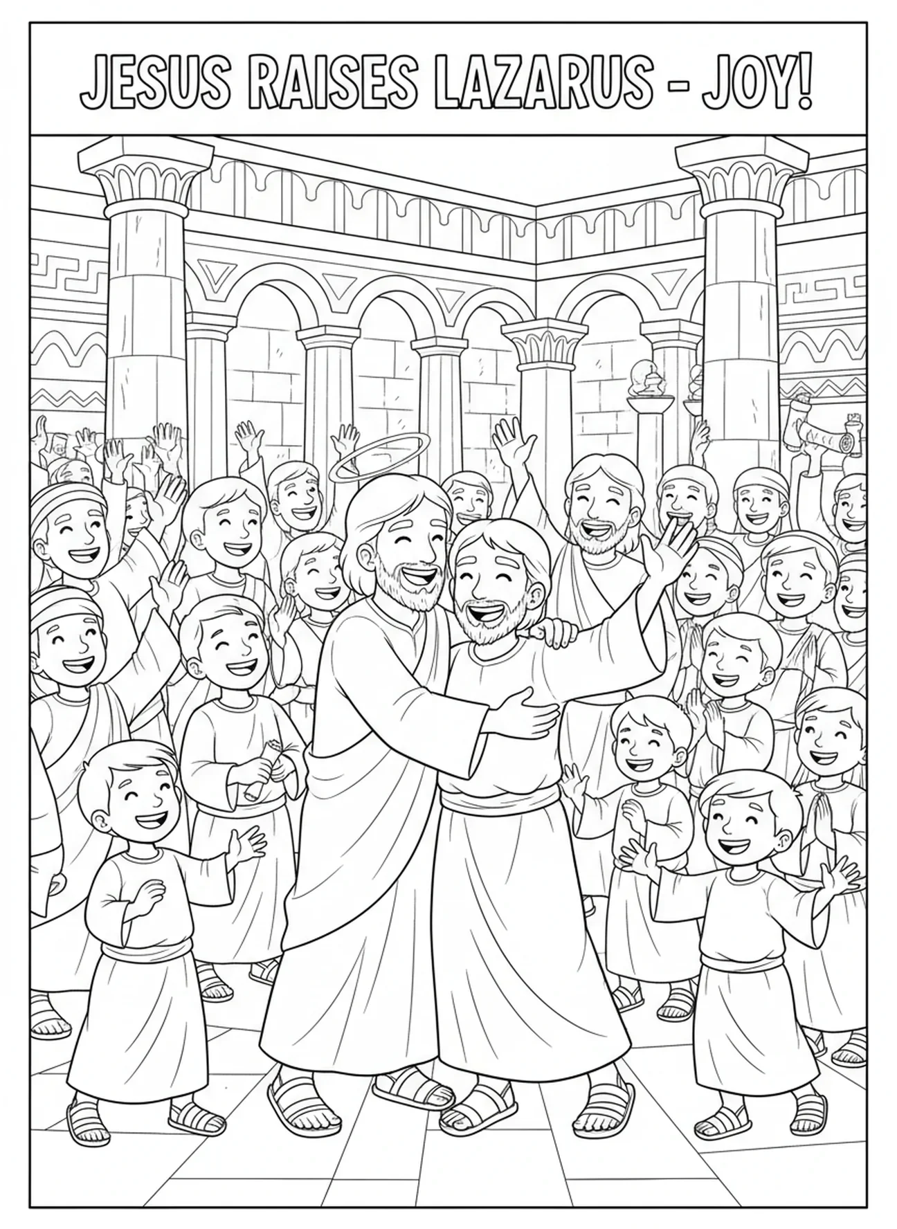 Jesus e Lázaro celebrando, página para colorir sobre a Ressurreição de Lázaro para crianças da Escola Dominical de 5 a 12 anos