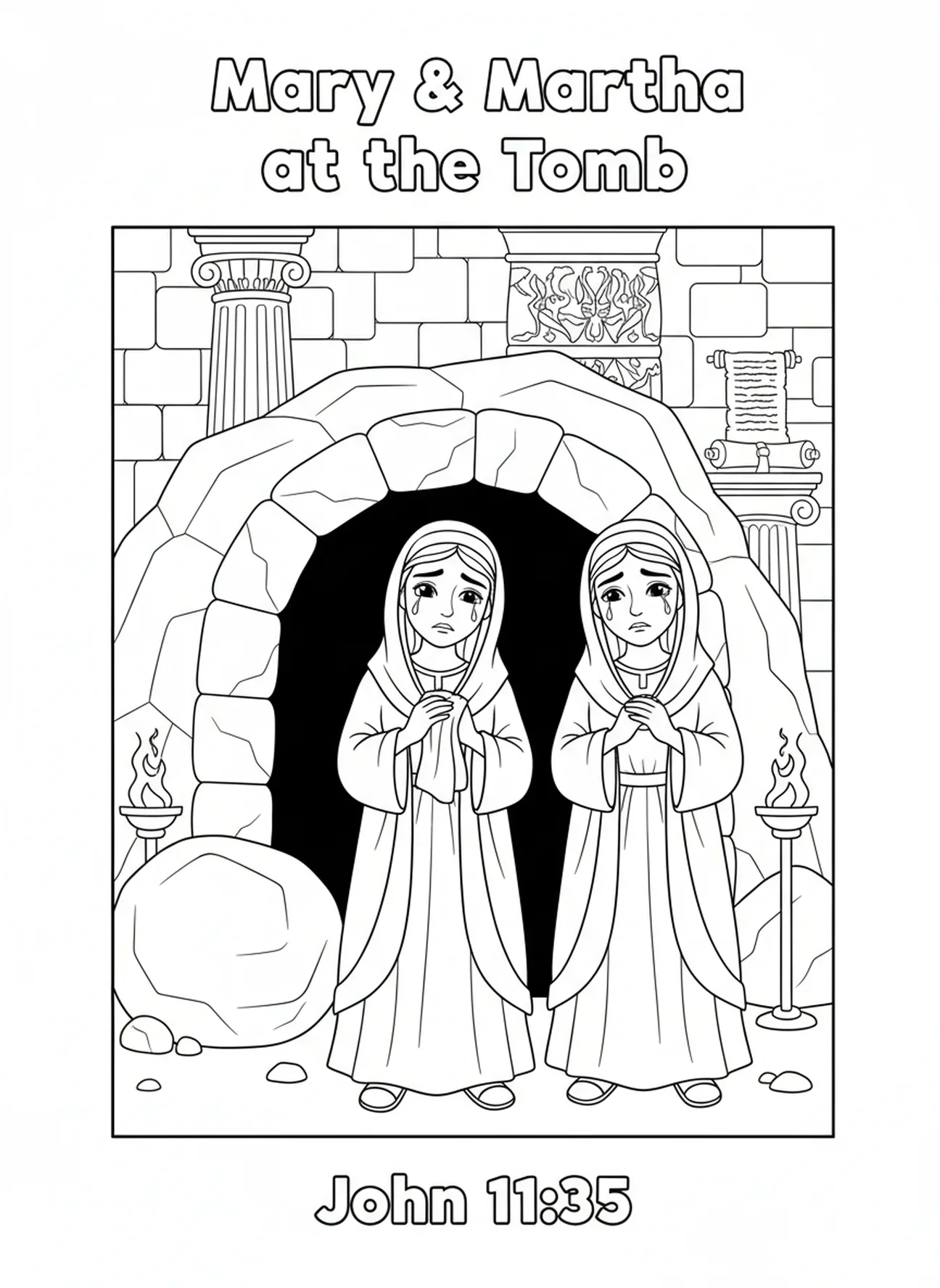 Maria e Marta, página de colorir sobre a Ressurreição de Lázaro para crianças da Escola Dominical de 5 a 12 anos