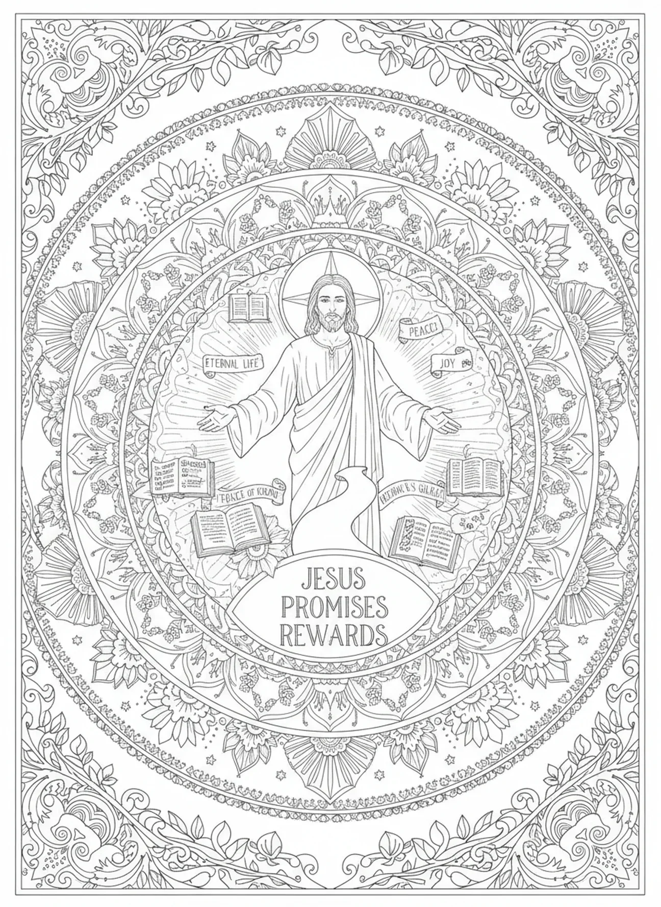Jesus, der Belohnungen für Treue verspricht, Ausmalbild der Szene des reichen jungen Herrschers im Stil des Bibel-Journalings für Erwachsene.