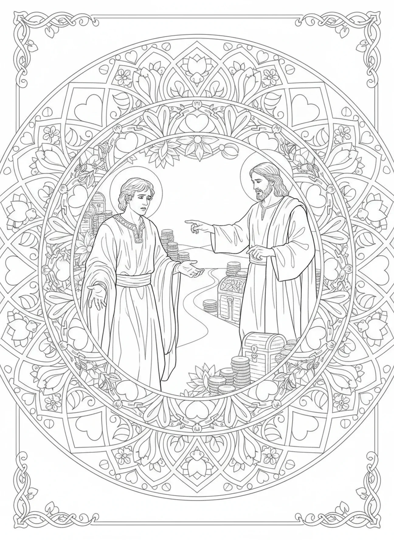 Der reiche junge Herrscher ist von Jesu Herausforderung betroffen, Ausmalbild für Erwachsene im Stil des Bibeljournaling.
