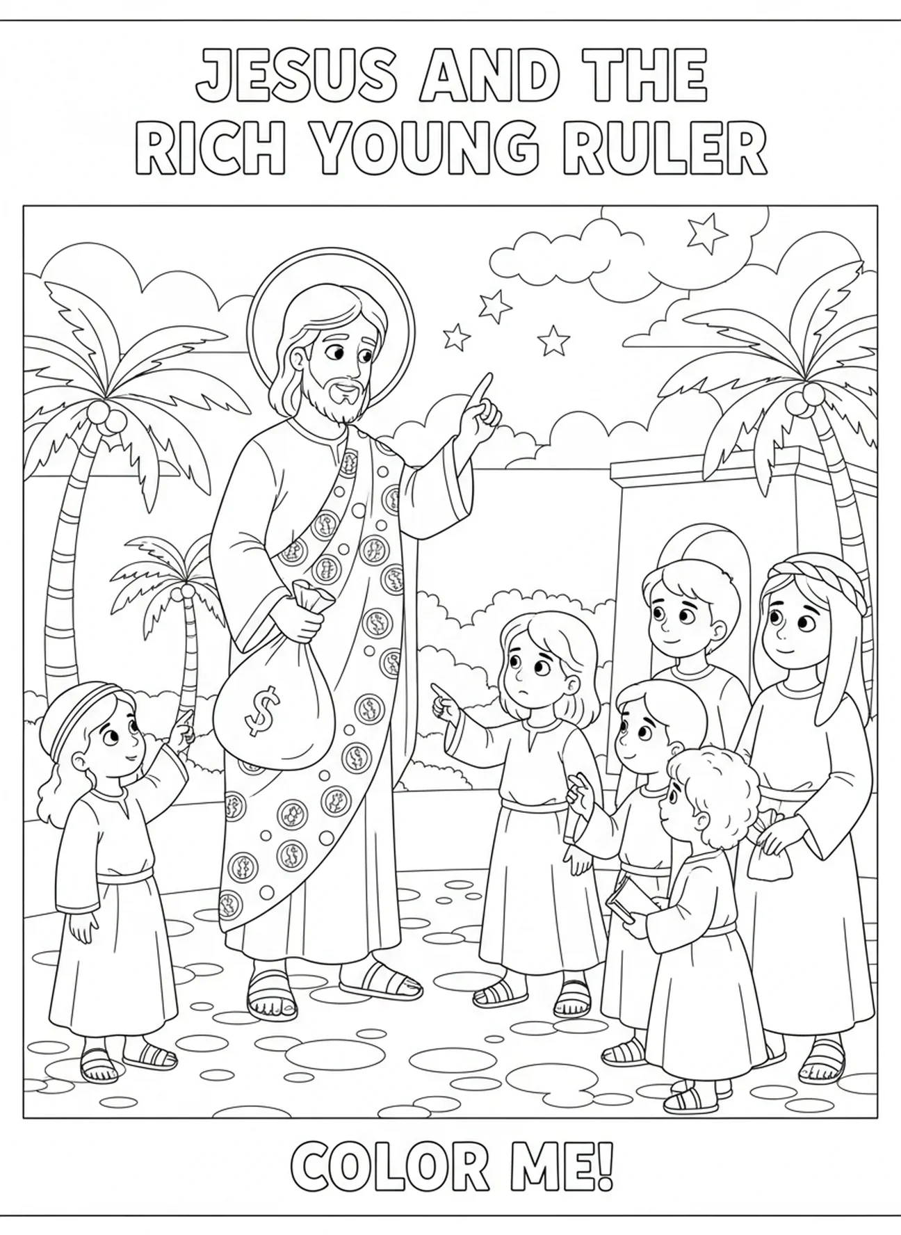 Jésus répondant au dirigeant, page à colorier de la scène du Jeune Riche pour les enfants de 5 à 10 ans