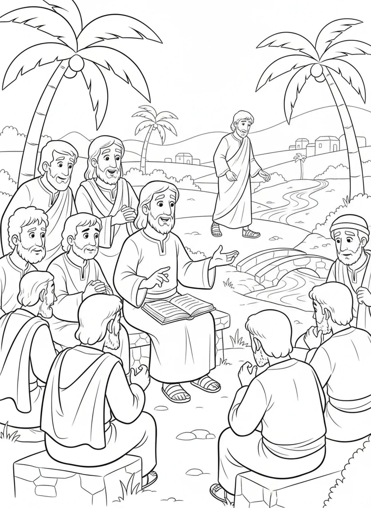 Jésus enseignant ses disciples, page à colorier de la scène du jeune homme riche pour les enfants de 5 à 10 ans