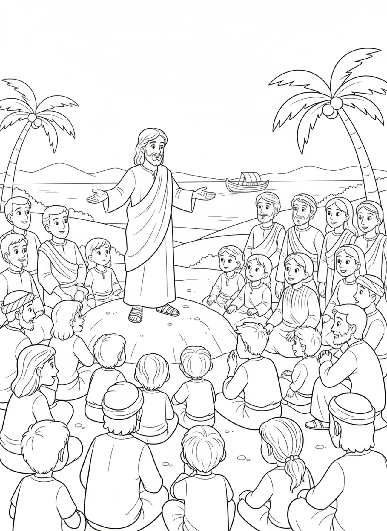 Jésus enseignant une foule, page à colorier de la scène du Jeune Homme Riche pour les enfants de 5 à 10 ans