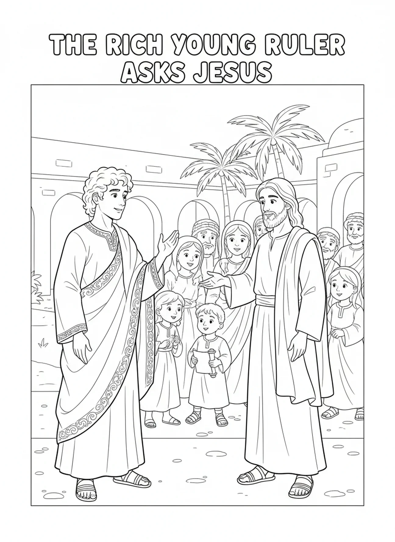 Le jeune homme riche pose des questions à Jésus, page à colorier sur le jeune homme riche pour les enfants de 5 à 10 ans