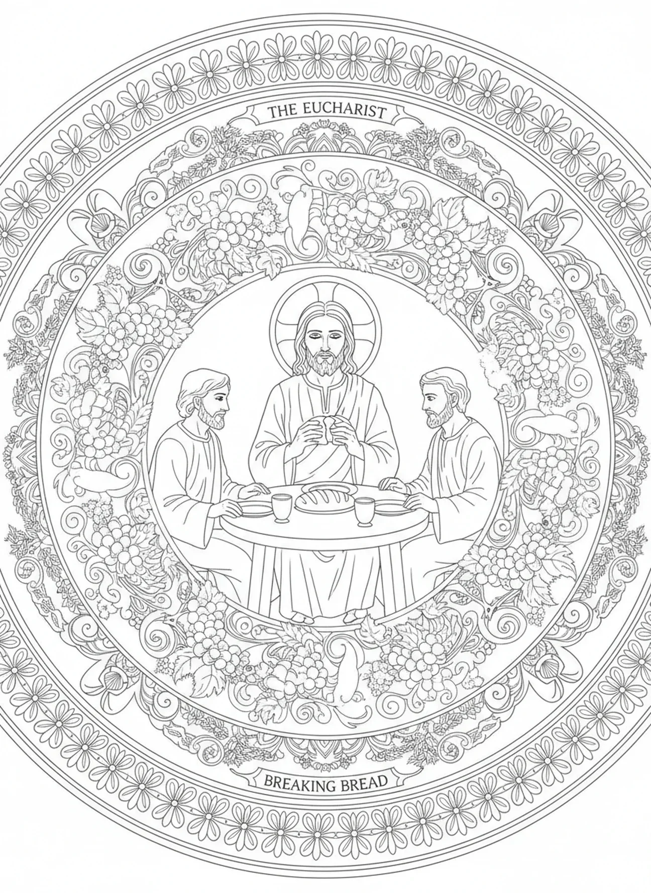 Jésus rompant le pain, page à colorier sur le chemin d'Emmaüs pour adultes dans un style de journal biblique.