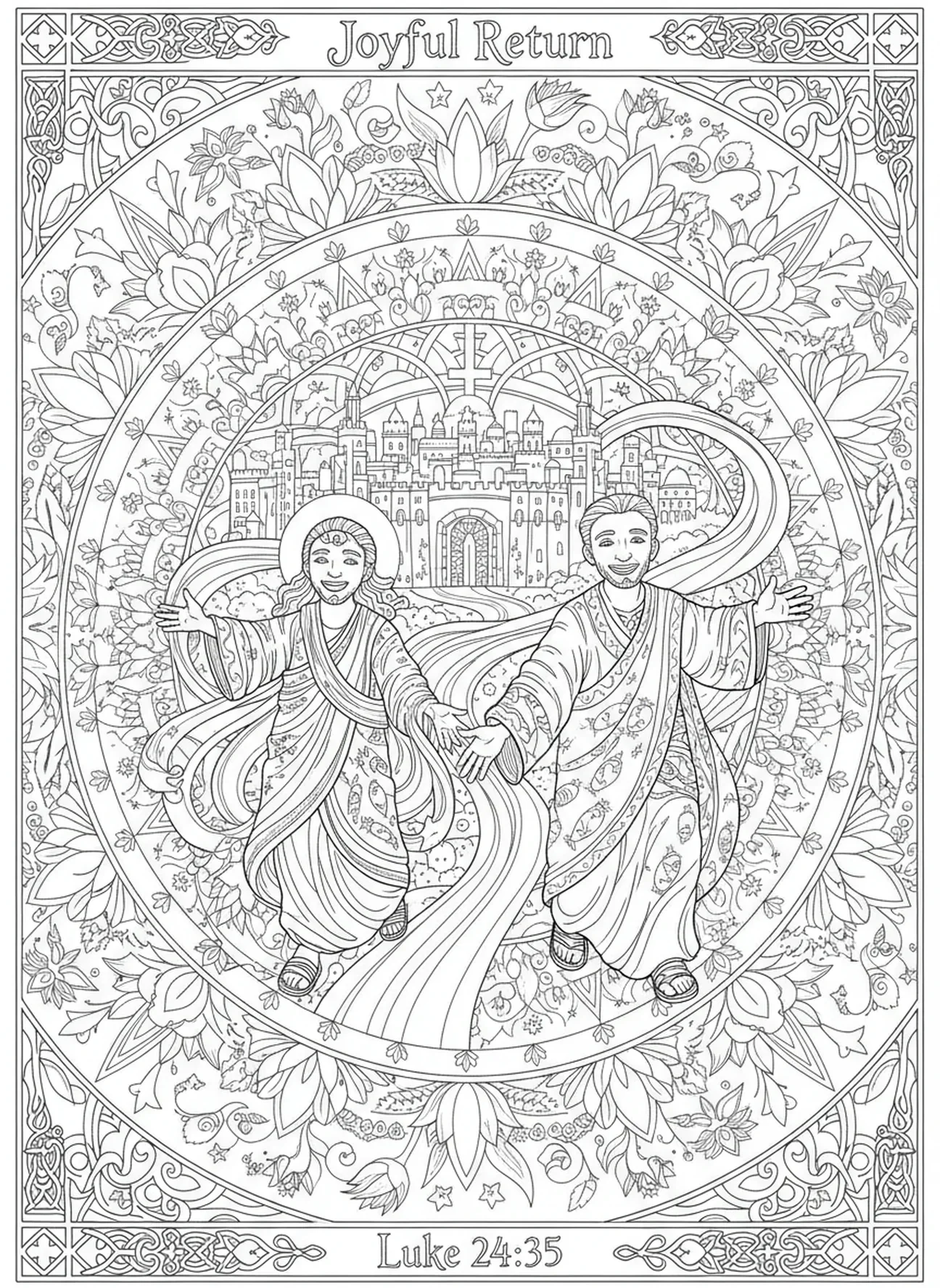 Disciples retournant à Jérusalem, page à colorier sur le chemin d'Emmaüs pour le journal biblique des adultes.
