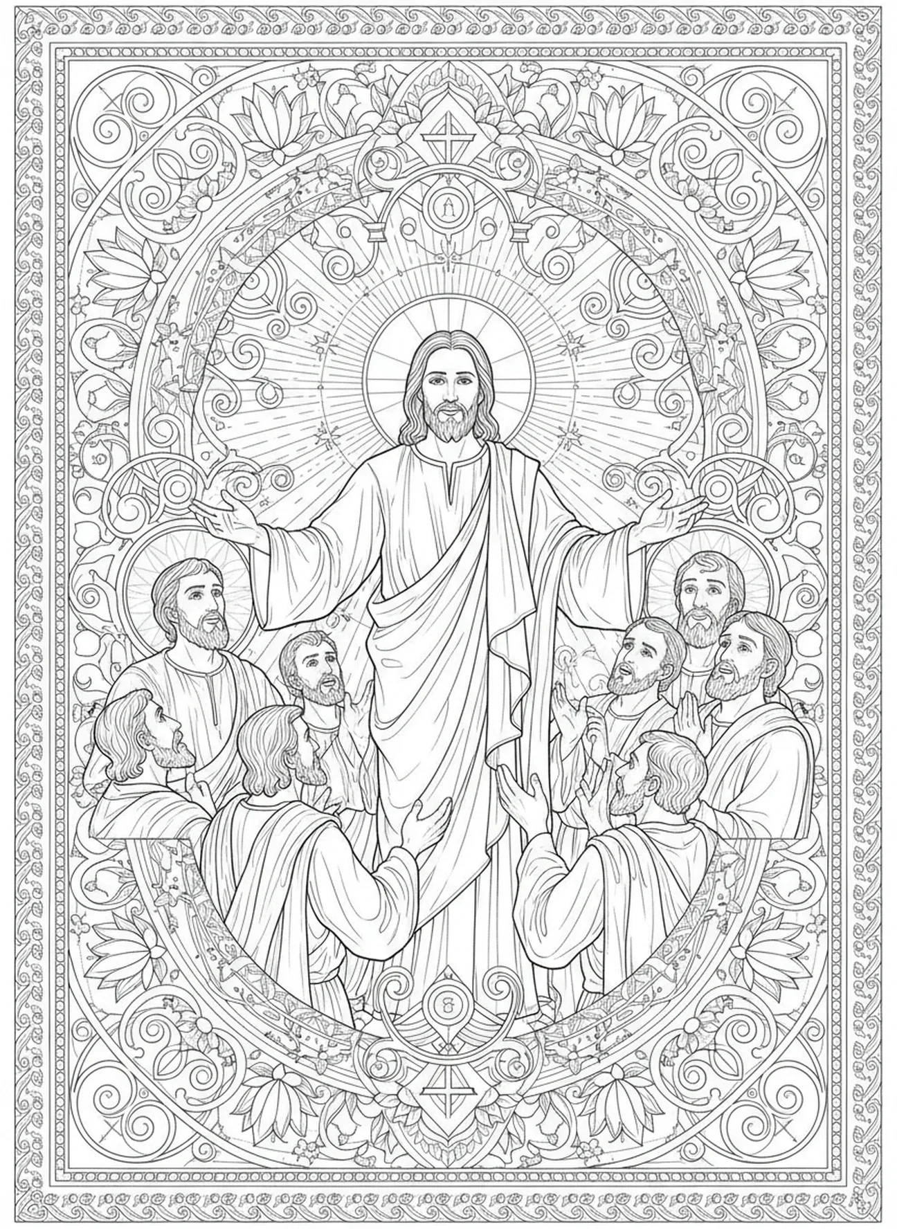 Jésus révélant son identité, page à colorier sur le chemin d'Emmaüs pour le journal biblique des adultes.