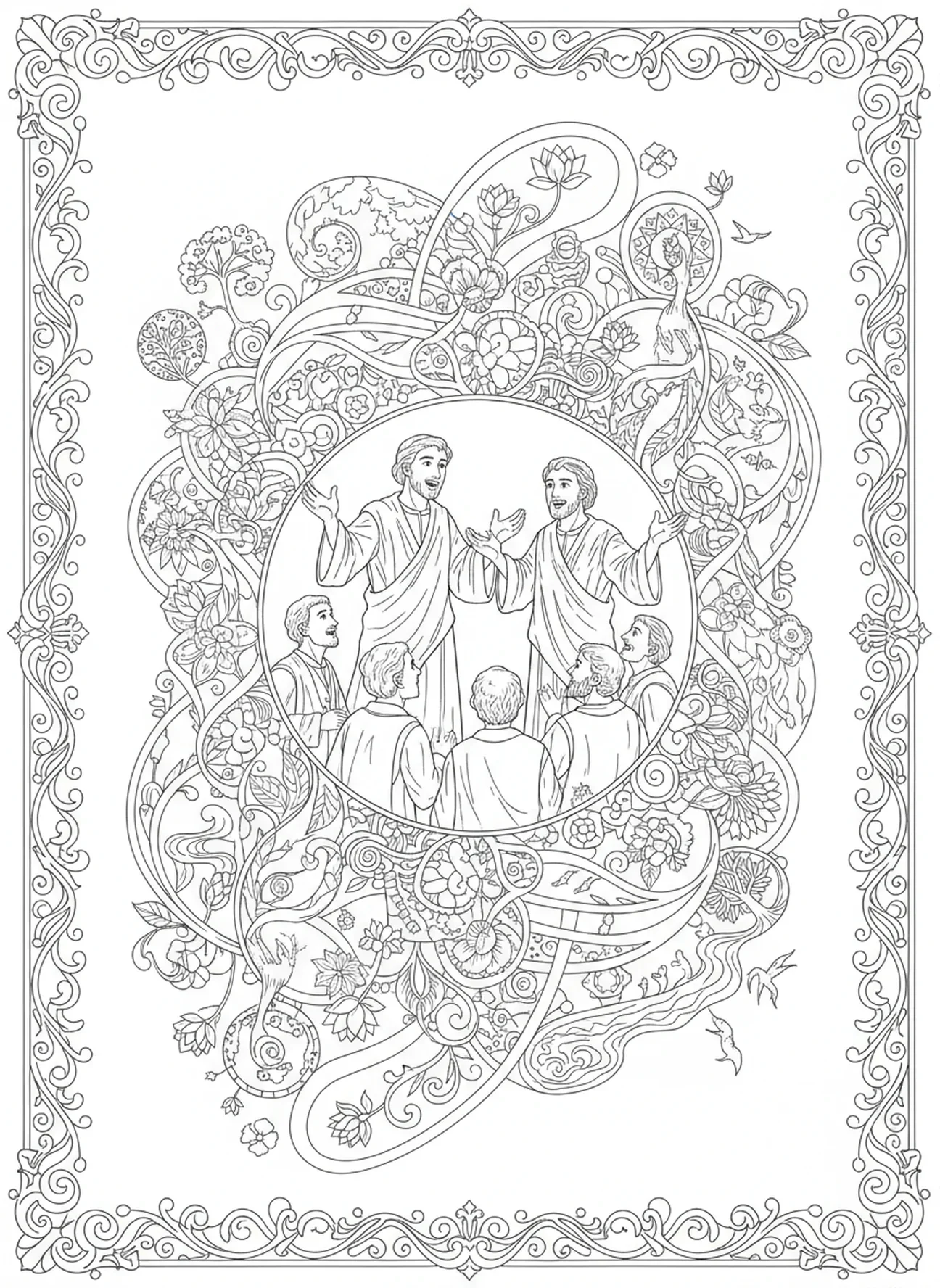 Disciples partageant leur message, page à colorier sur le chemin d'Emmaüs pour le style de journal biblique pour adultes.