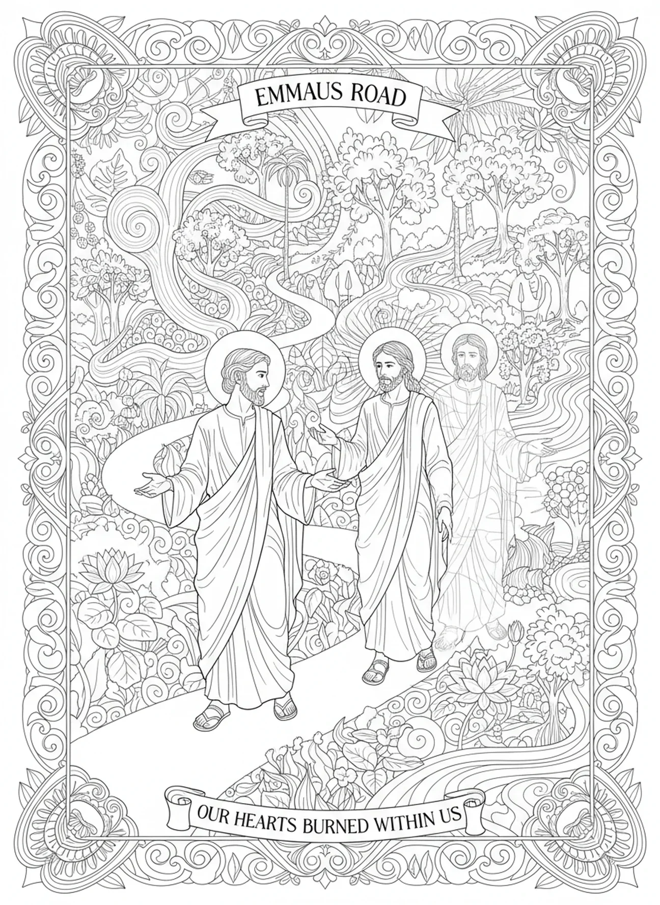 Disciples discutant de leur voyage, page à colorier sur le chemin d'Emmaüs pour le journal biblique des adultes.